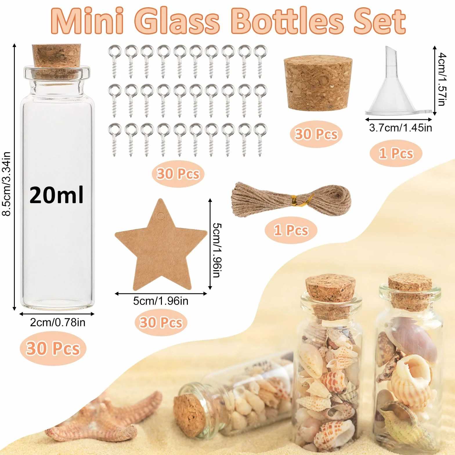 Svalor 30 mini szklanych butelek z korkiem 20 ml, metalowy haczyk, zestaw do majsterkowania