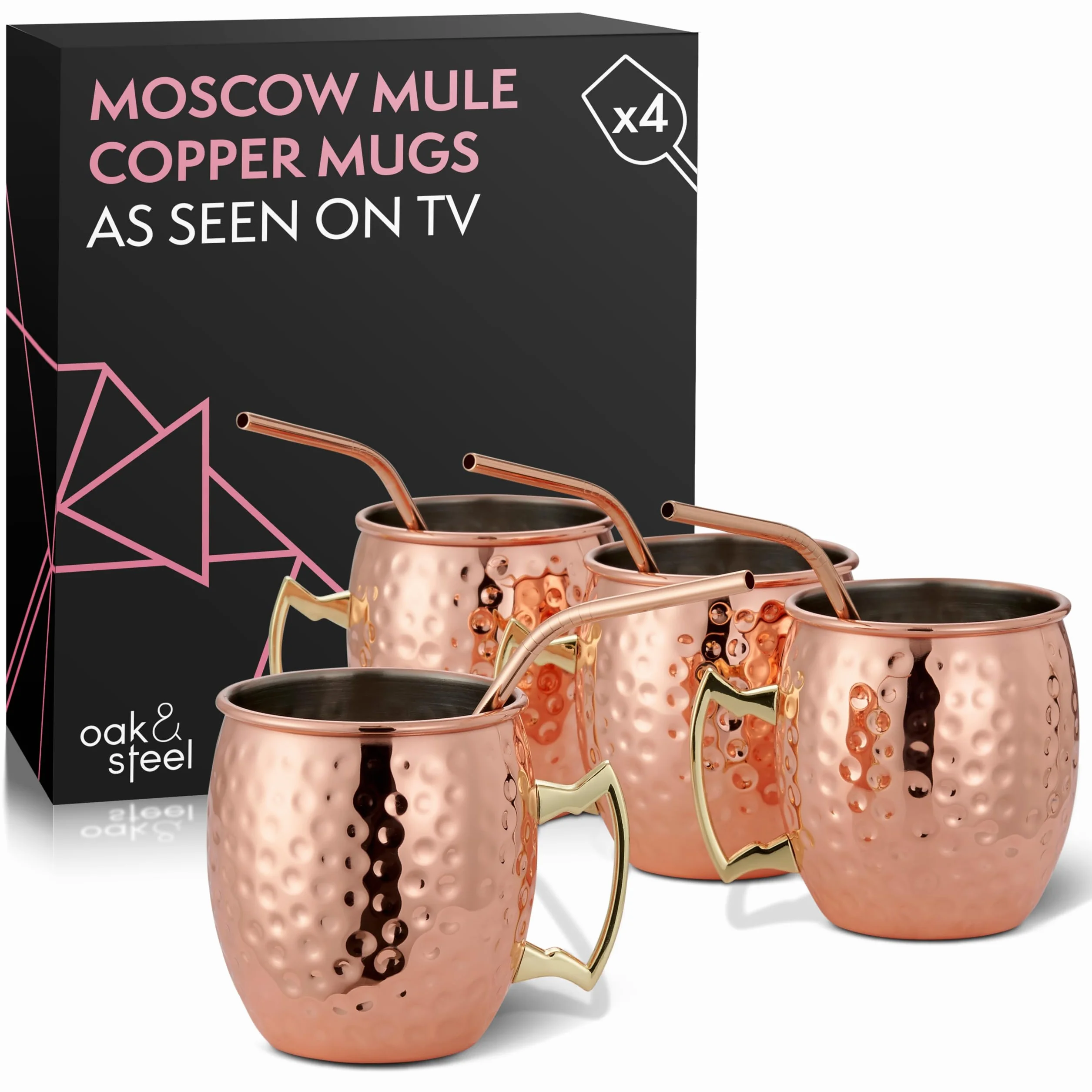 Oak & Steel - 9 Sztuk Moscow Mule Set - 4 Miedziane Kubki, 4 Metalowe Słomki i Pędzel - Solidne i Nietłukące - Koktajle i Zimne Napoje - Zestaw Upominkowy