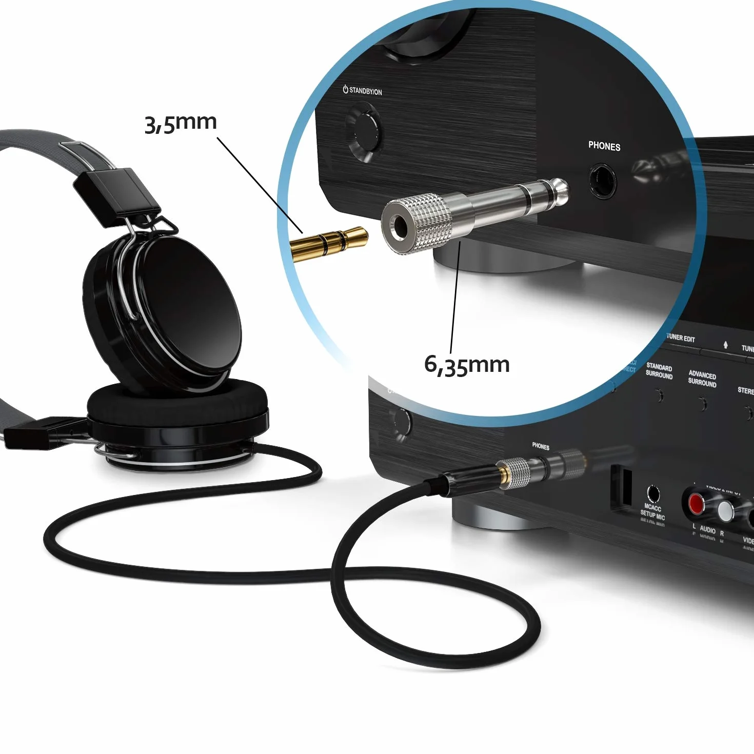 deleyCON 2x Adapter Audio Stereo Jack - Wtyk 6,3 mm na Gniazdo 3,5 mm - Adapter HiFi do Amplitunera, Kina Domowego, Słuchawek - Srebrny