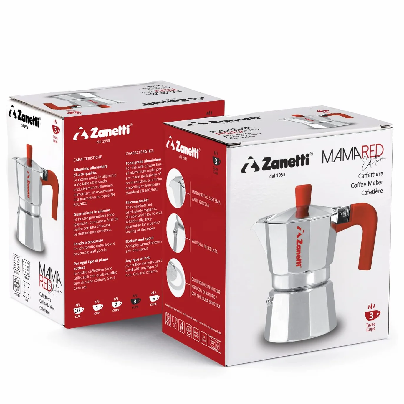 Zanetti, Mama Red Edition, Aluminiowy dzbanek do kawy, ekspres do kawy, 2 filiżanki, Moka Espresso z systemem zapobiegającym upadkowi, silikonowa uszczelka, ergonomiczny uchwyt, kolor czerwony