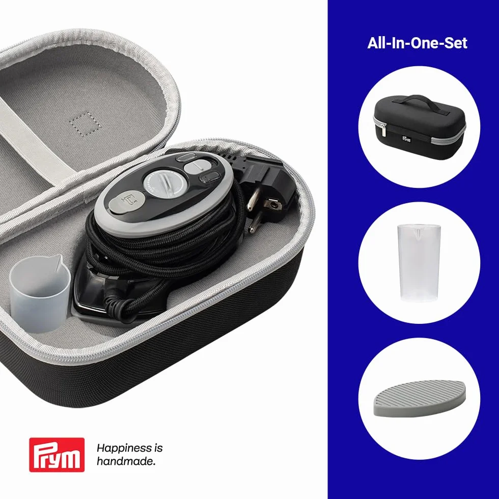 Prym Mini żelazko parowe 400 W regulowana temperatura 110-240 V czarne z silikonową półką i etui