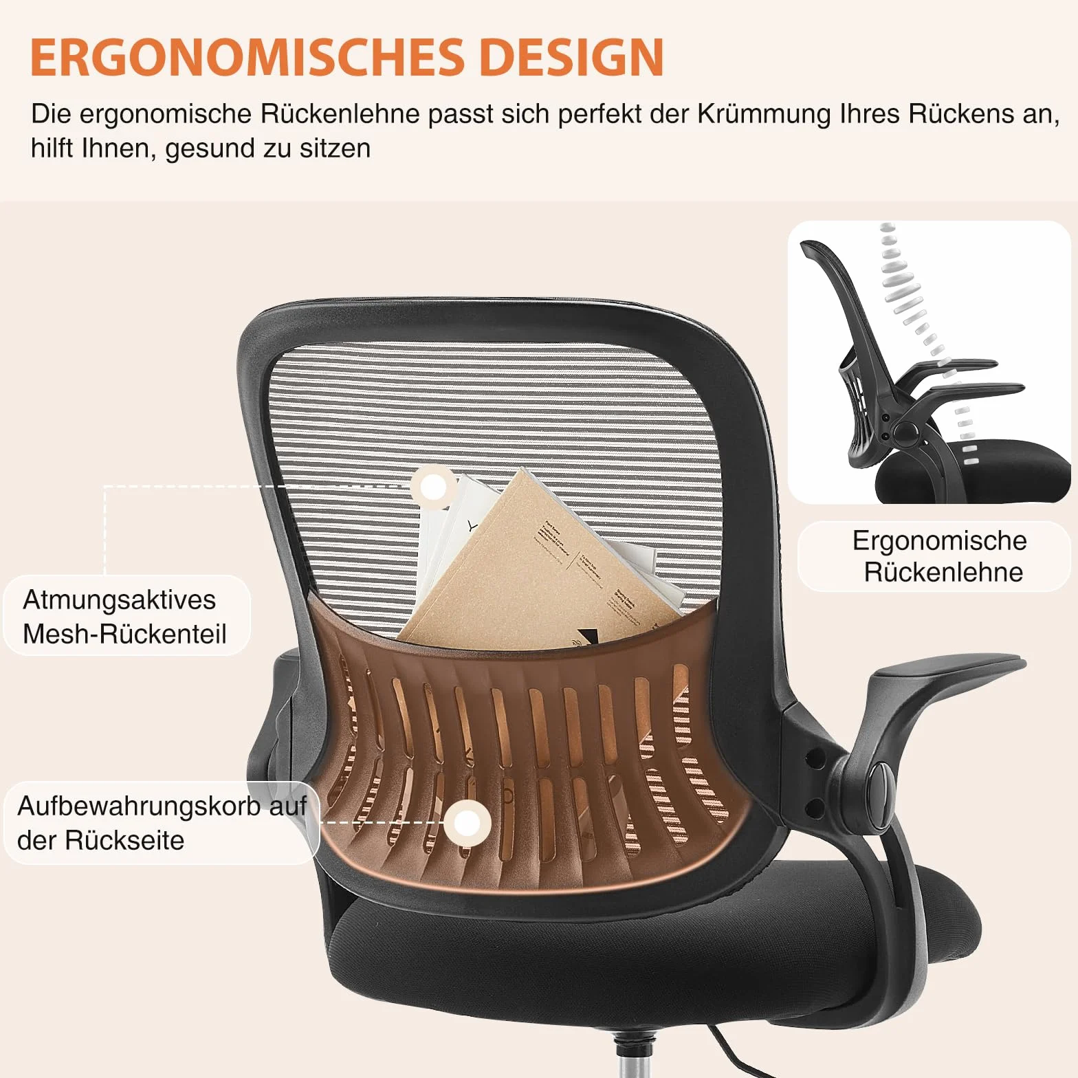 Sweetcrispy Krzesło biurowe ergonomiczne z regulowanymi podłokietnikami, podparciem lędźwiowym, regulacją wysokości, obrotowe 360°