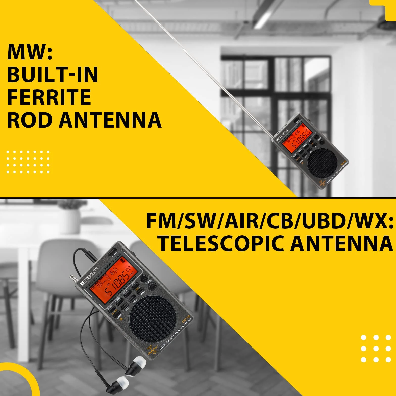 Retekess TR110 Przenośne Mini Radio, FM MW SW SSB Air Band World Odbiera Radio, FM Stereo, Wyłącznik Czasowy, Antena Zewnętrzna, do Użytku na Zewnątrz
