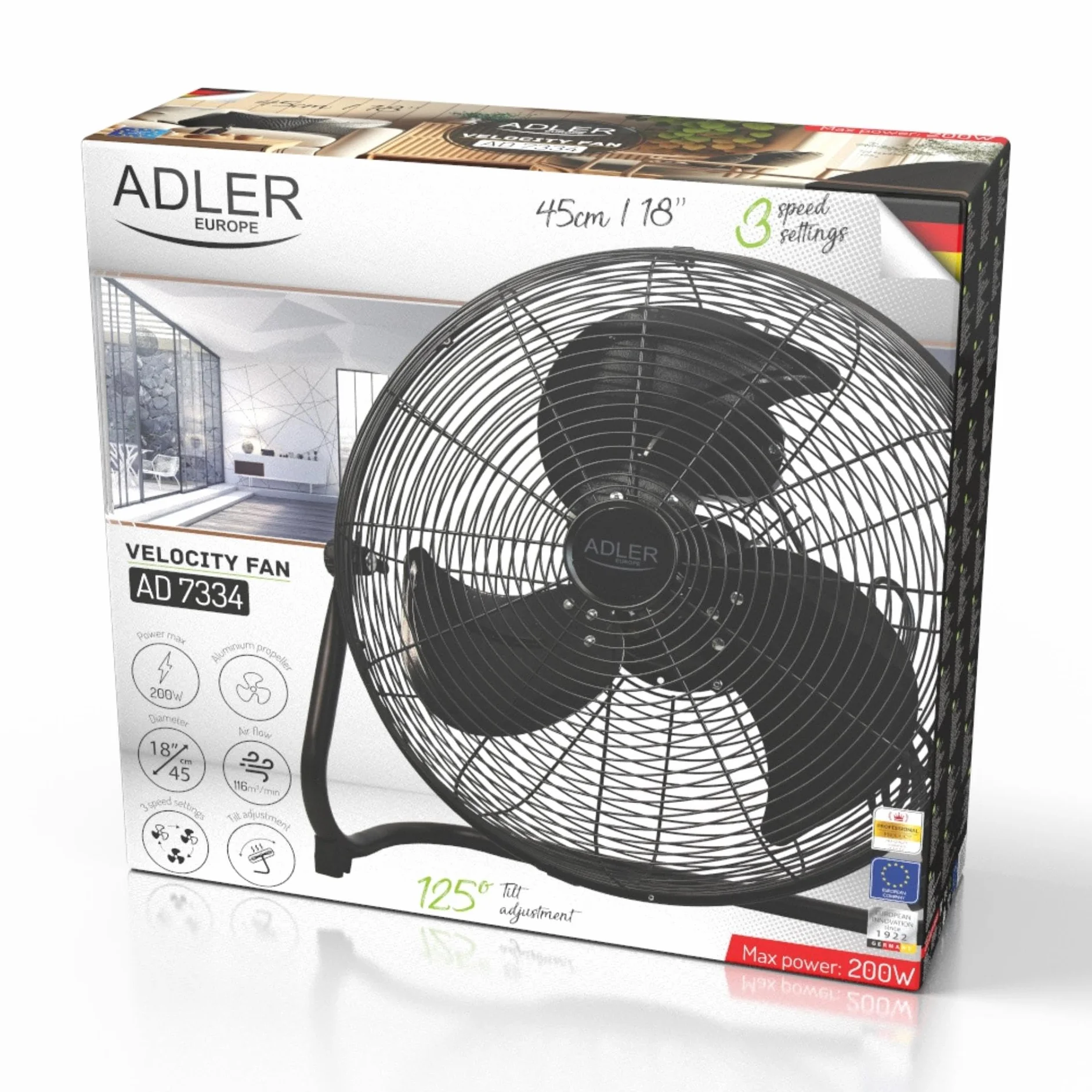 ADLER EUROPE Wentylator podłogowy 45 cm i 200 W – wentylator w kolorze chromu, 3 prędkości – wiatrak z aluminiowym skrzydłem – cichy i stabilny – wentylator podłogowy, czarny