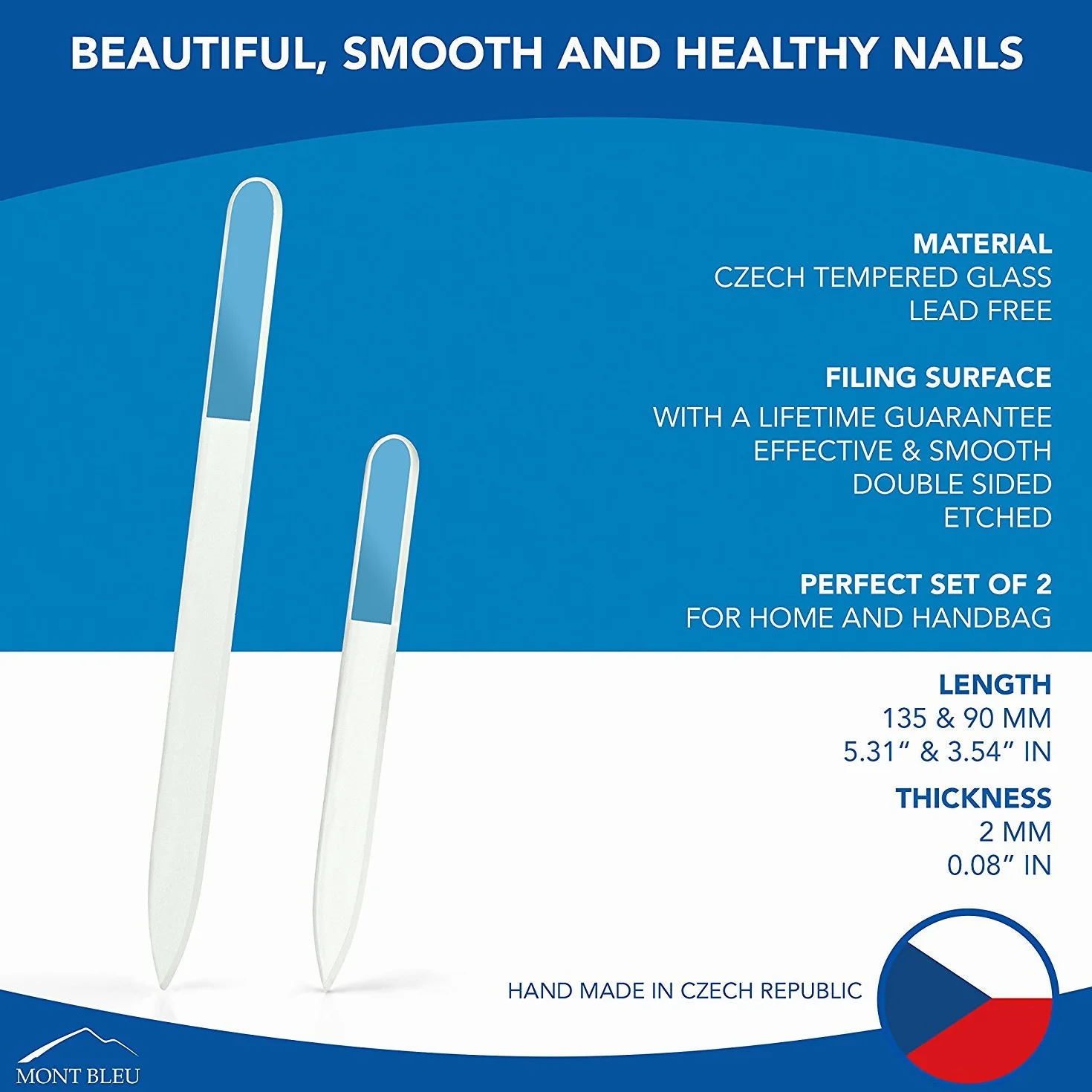 Mont Bleu zestaw do manicure składający się z 2 kolorowych szklanych pilników do paznokci w torbie z czarnego aksamitu - prawdziwe szkło hartowane z Czech - ręczne wykonanie - pilnik do paznokci dla mężczyzn