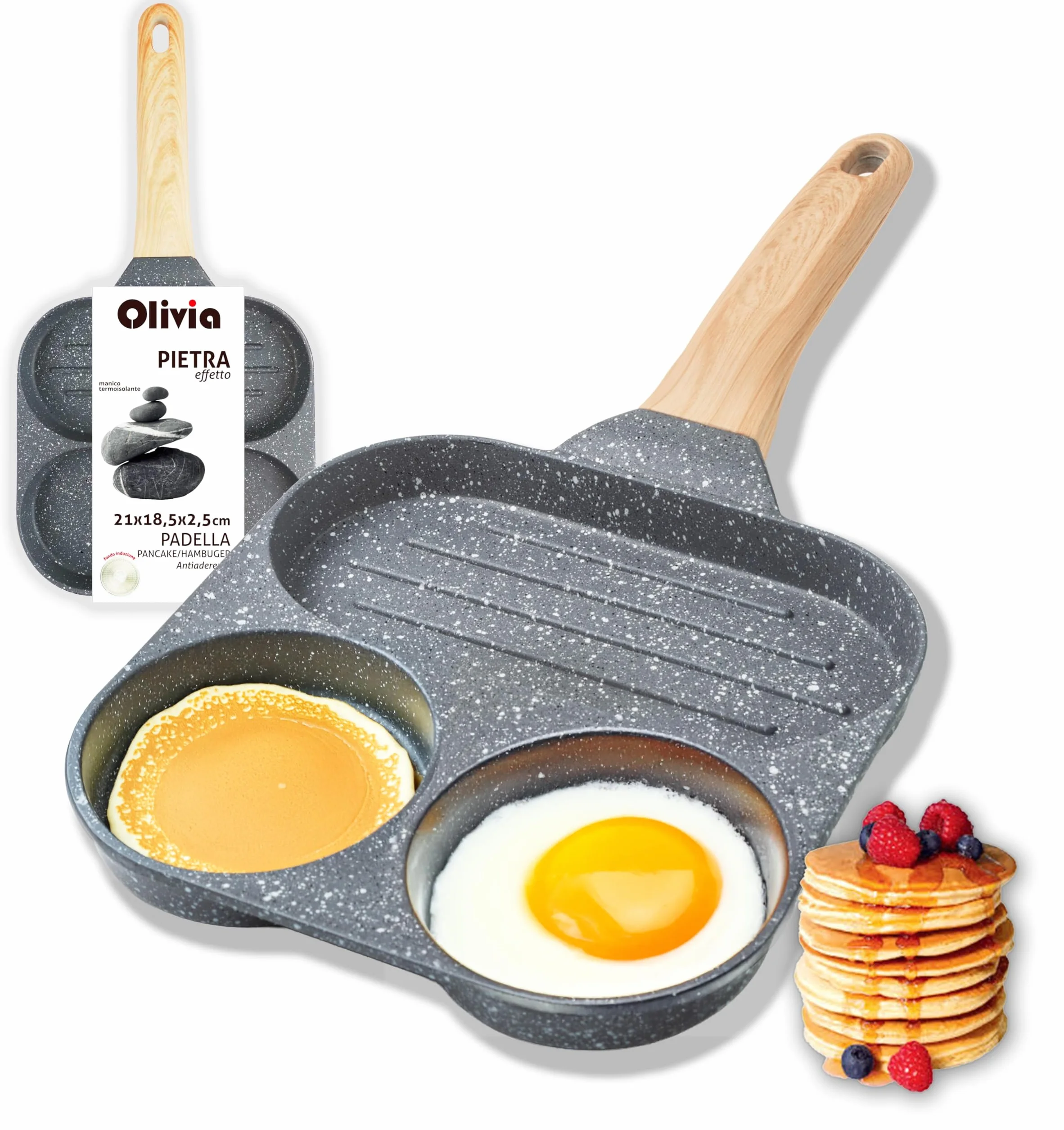 IPEA Nieprzywierająca patelnia do naleśników do indukcji i gazu – 21 cm, aluminiowa patelnia antyadhezyjna, do omletów, naleśników, jaj, hamburgerów, patelni z 4 formami - Super wygodny uchwyt