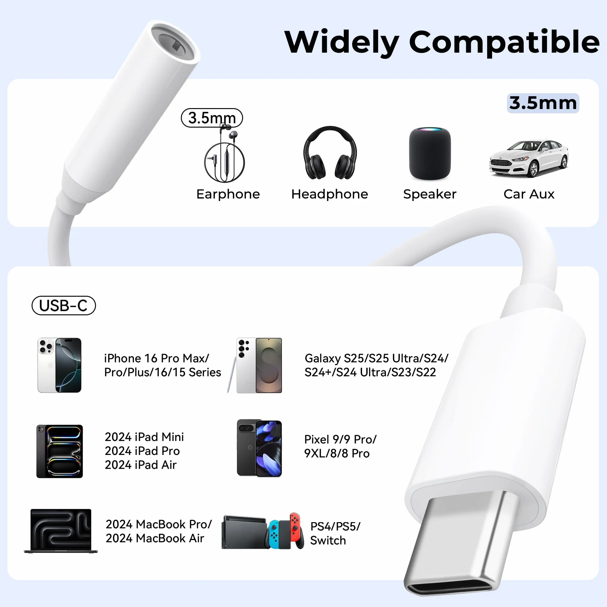 Adapter gniazda słuchawkowego 3,5 mm, adapter USB typu C do iPhone'a 16 15 Pro Max Plus, typ C na audio dla Galaxy S24 S23 Ultra Note 20 A54, dla Huawei P50 P40/Mate 30 (biały)