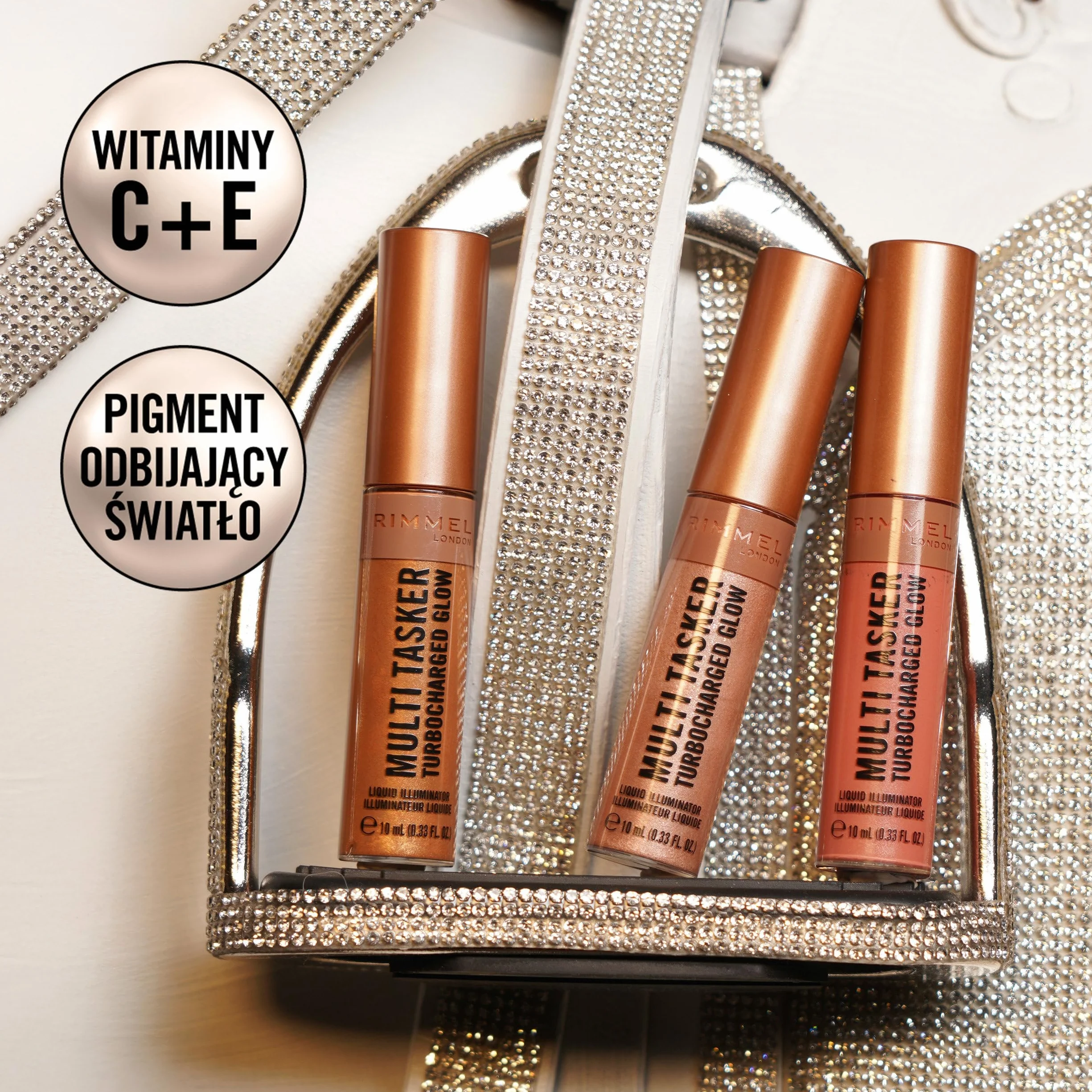 Rimmel Multi Tasker Turbocharged Glow rozświetlacz do twarzy w płynie, 005 Iconic as Usual, 10 ml