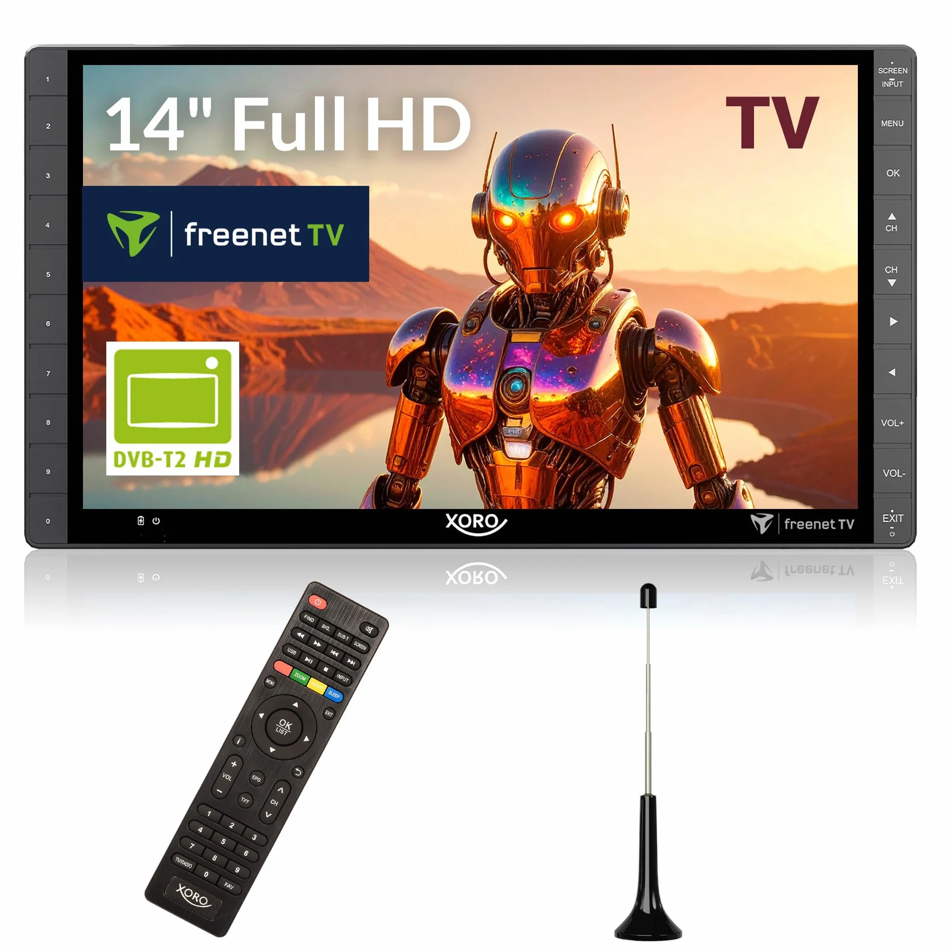 Xoro PTL 1450 V2 przenośny telewizor DVB-T/T2 35,5 cm (14 cali) (freenet TV do stacji prywatnych, ładowarka samochodowa 12-24 V, wbudowany akumulator, HDMI IN, antena), szary