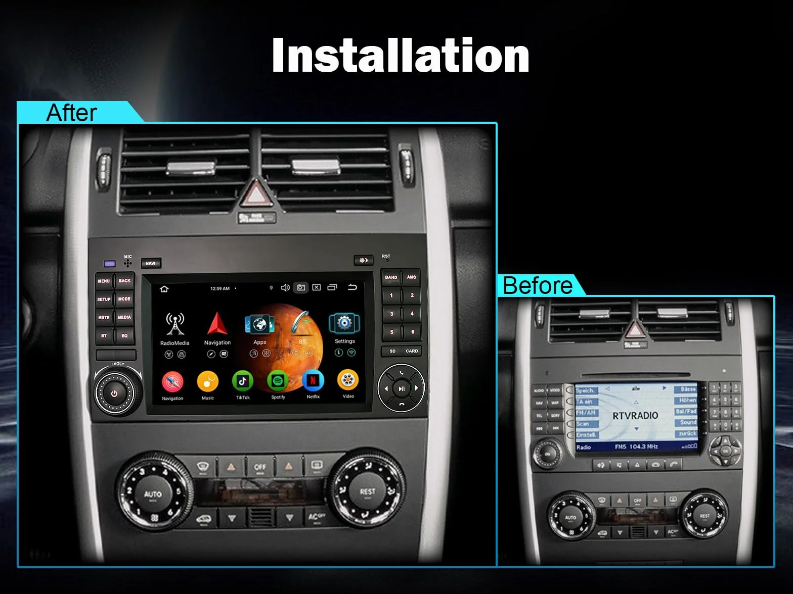 erisin Radio samochodowe Android 14 4GB+64GB do Mercedes Klasa A/B W169 W245 Sprinter Viano VW Crafter, bezprzewodowe Carplay, Canbus 2.0GHz, 8 rdzeni CPU, GPS, nawigacja, DSP, IPS, ekran dotykowy