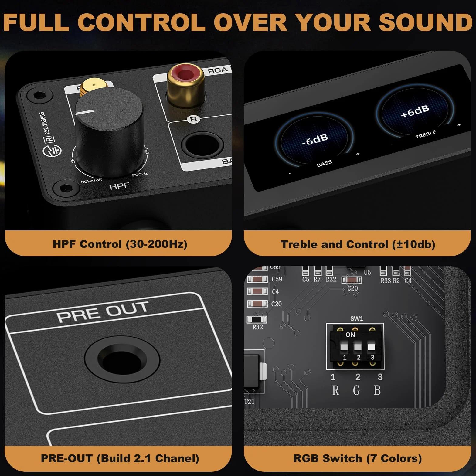 2-kanałowy wzmacniacz Bluetooth: Wzmacniacz stereo HiFi 300 W x2 z BT 5.2 | HPF | Cyfrowy miernik VU | Wyjście SUB | Zrównoważone wejście TRS | Sterowanie tonem i pilot do głośników półkowych