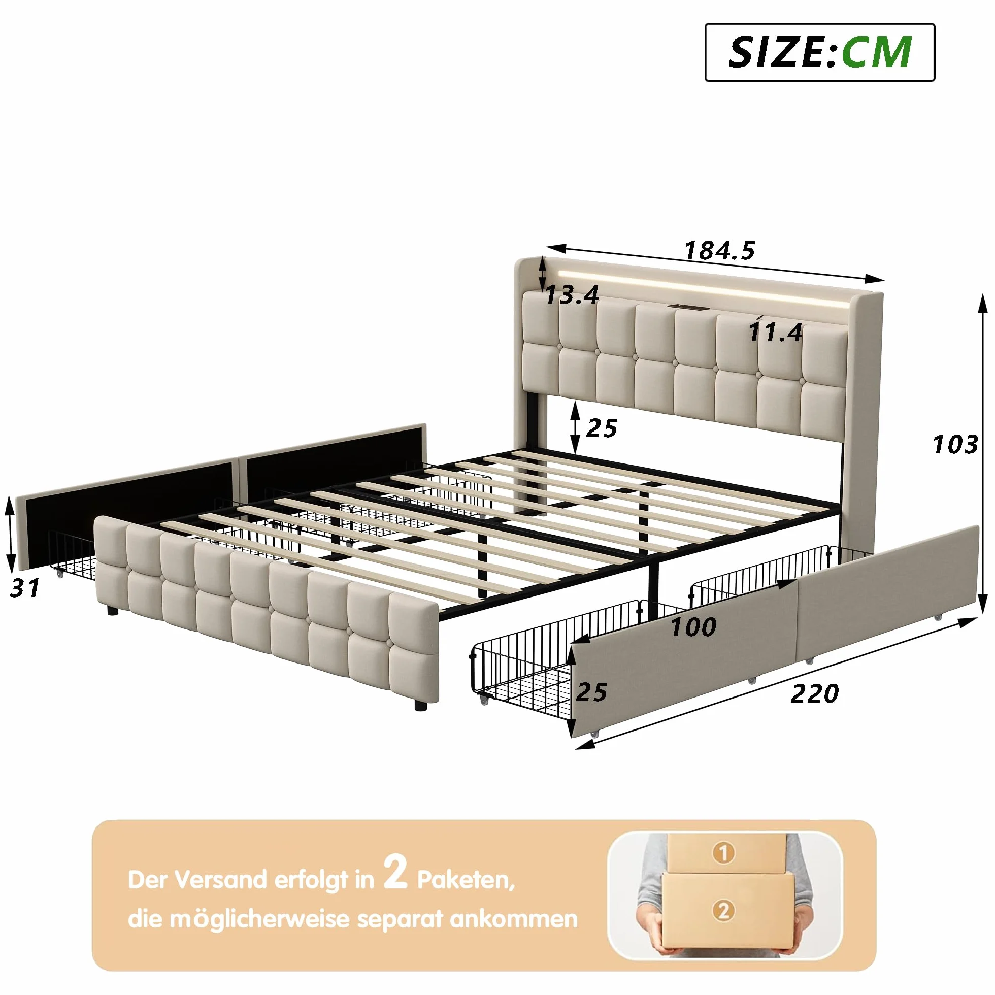 Łóżko LED 180x200 cm z szufladami i somierem, zagłówek z ładowaniem USB, beżowe