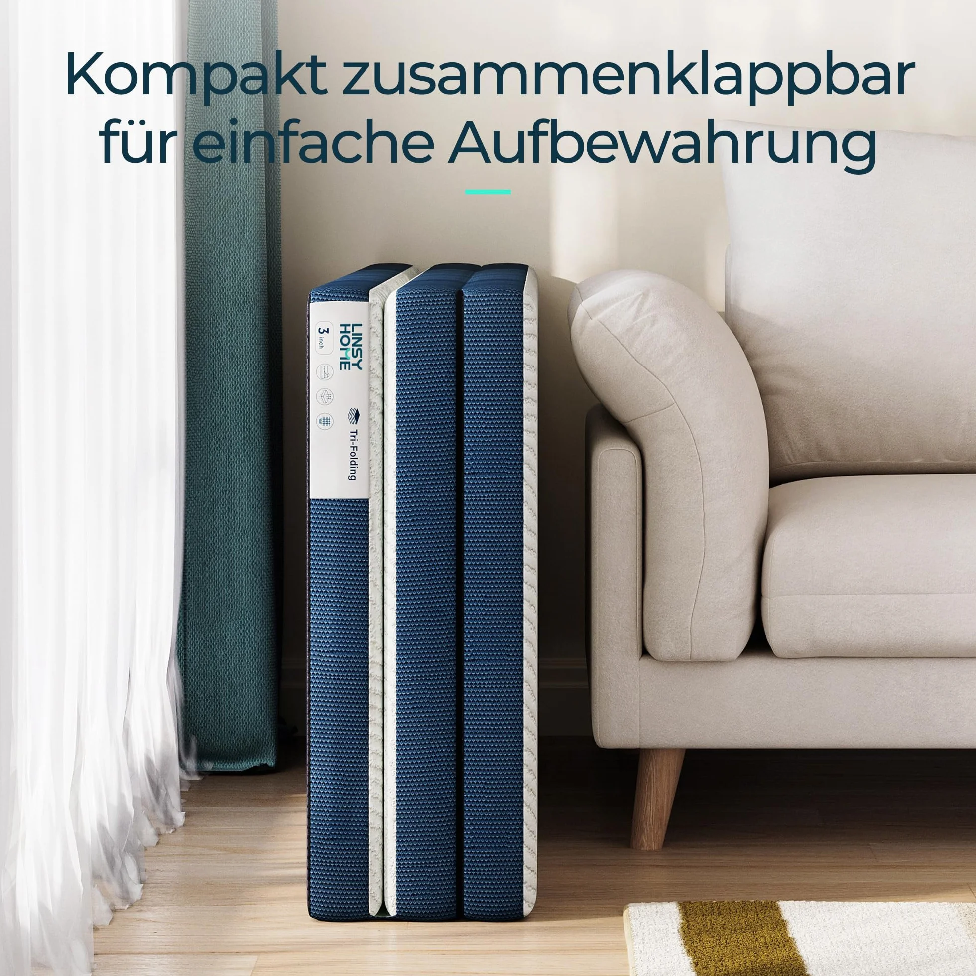 LINSY HOME Składany materac 160 x 200 cm z wyjątkowo wodoodporną poszewką, 7,5 cm materac Tencel Trifold, materac z pianki z pamięcią kształtu, składany, przenośny, łatwy do przechowywania, sofa do