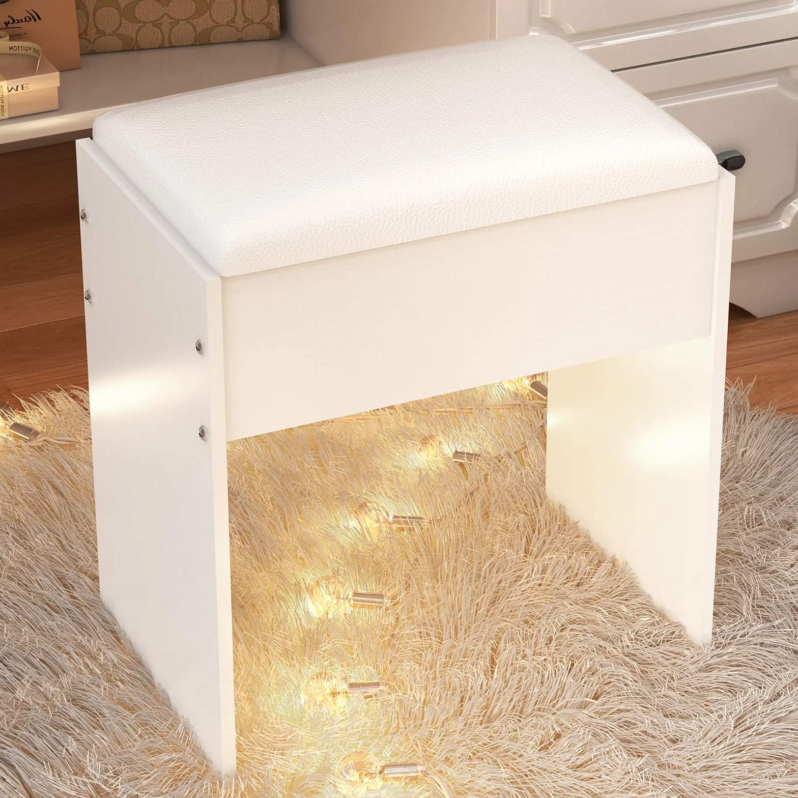 Biały taboret do makijażu z drewna 43 x 40 x 24 cm tapicerowany