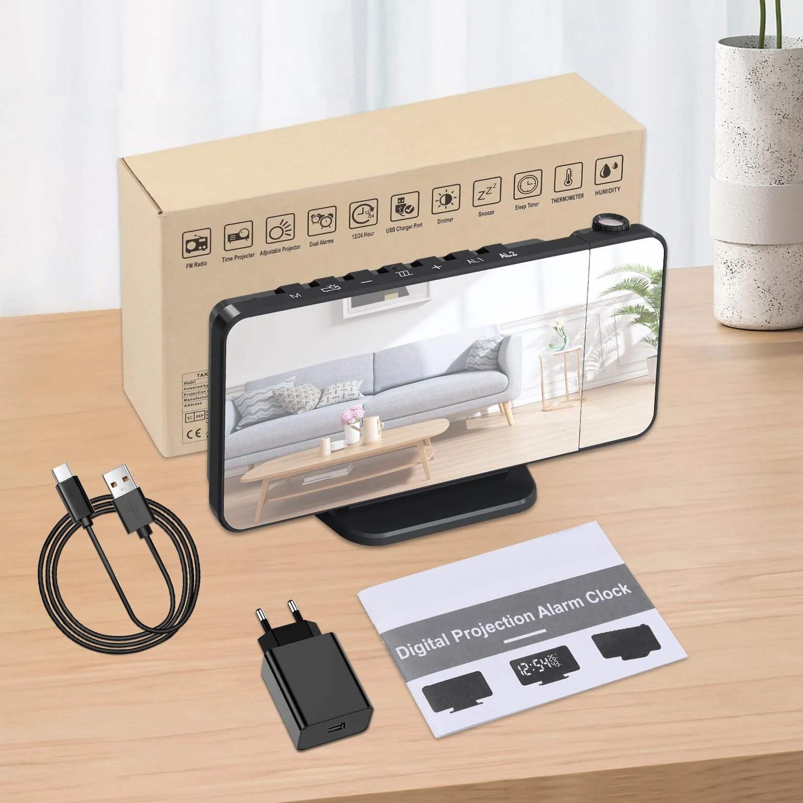 TAKRINK Budzik z projektorem, 4 poziomy jasności, podwójny alarm, USB 12/24 h