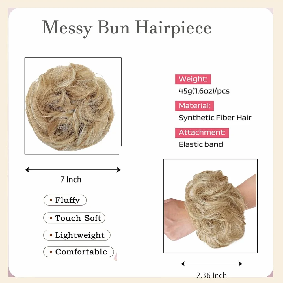 Kok gumka do włosów z włosami, kręcone, treska Messy Bun, z gumową taśmą, warkocz, przedłużenie włosów, koński ogon, dla kobiet i dziewcząt (18H613# (Ash Blond, mieszanie blondu, wybielanie)