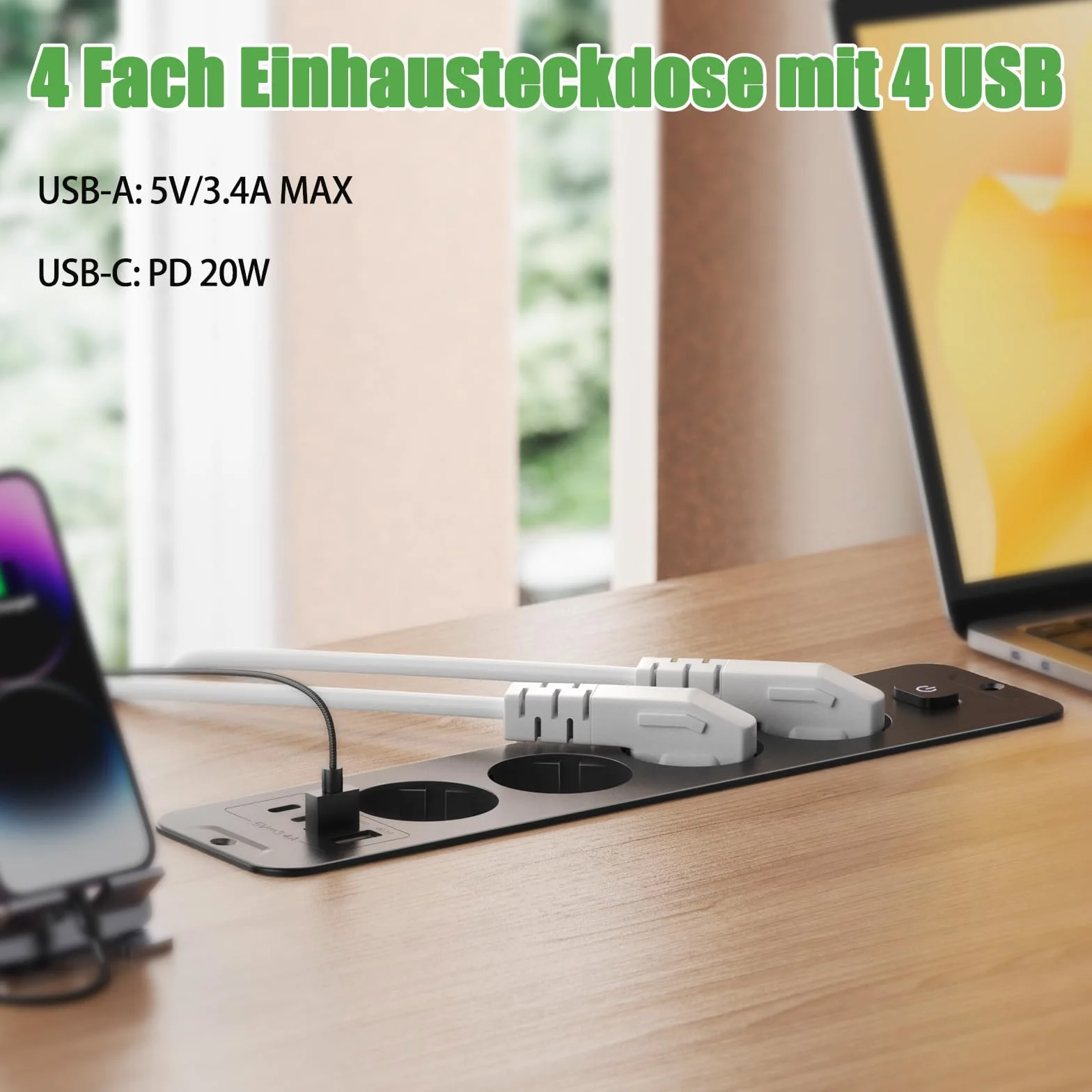 Listwa zasilająca stołowa z 4 gniazdami wtykowymi z 2 portami USB i 2 typami C, wpuszczane gniazdko z kablem 2 m, 250 V/16 A, do mebli lub powierzchni roboczych, czarna