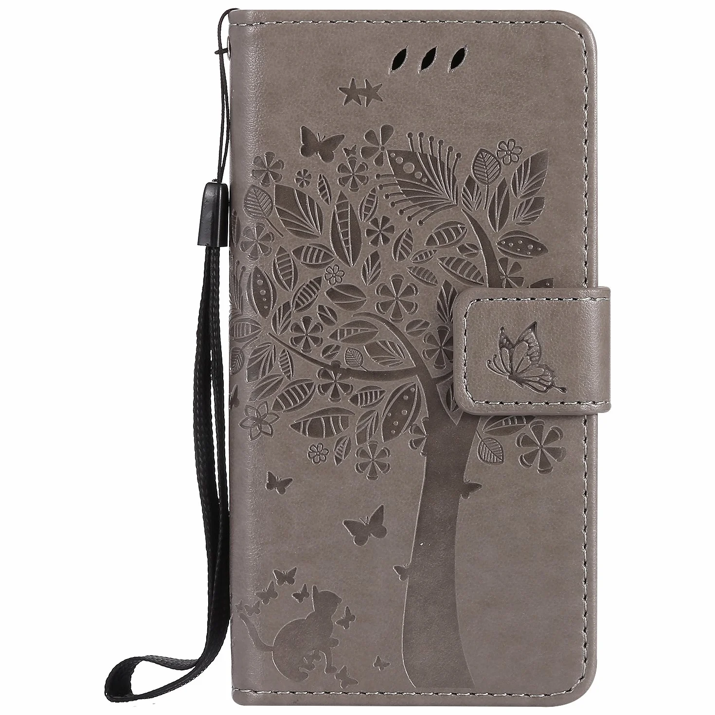 (Sleep Bear) Etui Na Telefon Komórkowy i Skórzane Etui Do SAMSUNG Galaxy A3(2017), Zwierzątko Kot Drzewo Motyl Przenośne Ze Skóry Portfel Pokrowiec Ochronny Kabura Na Telefon-Szary