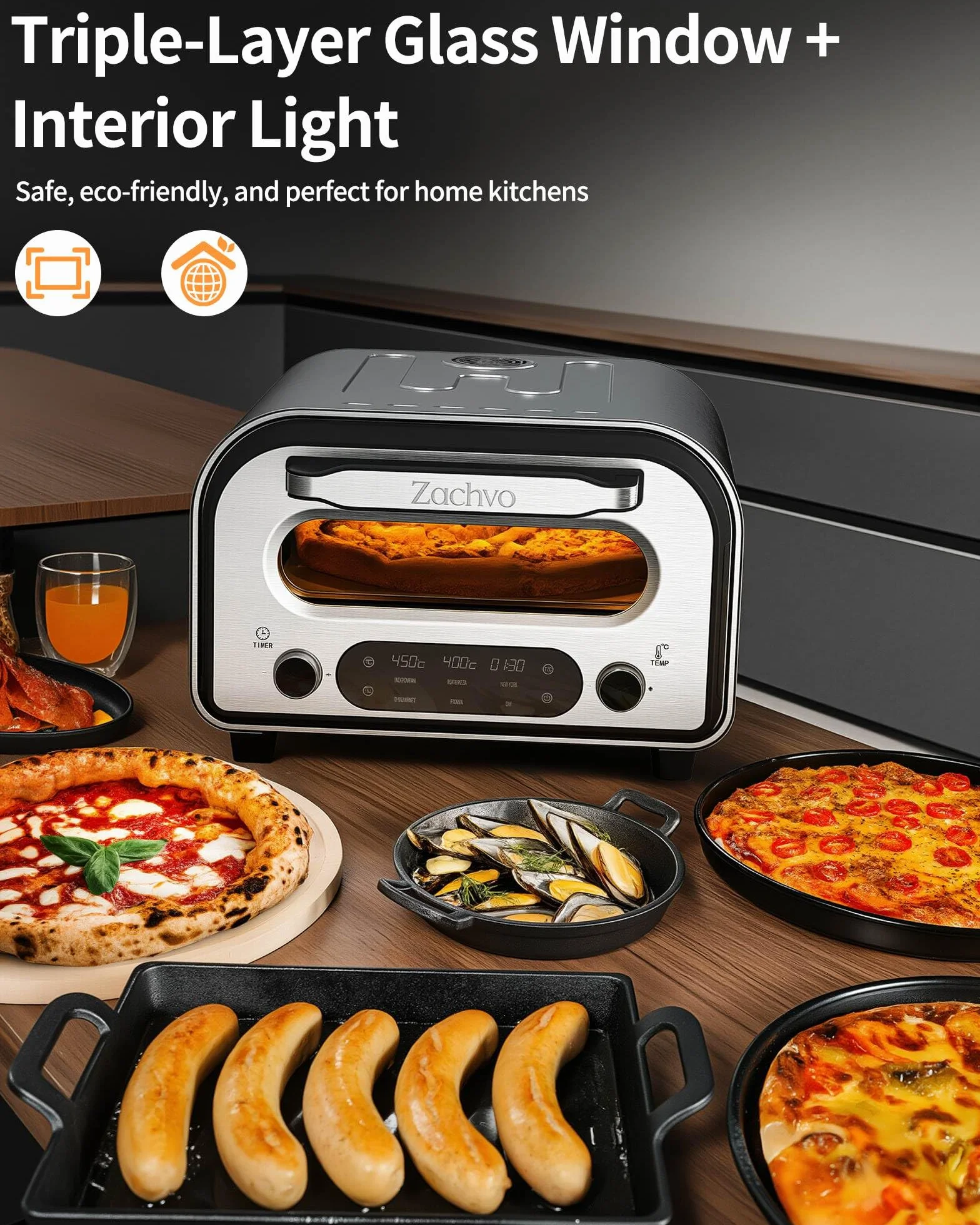 Elektryczny piekarnik do pizzy 450°C 32 cm stal nierdzewna timer 1-60 min