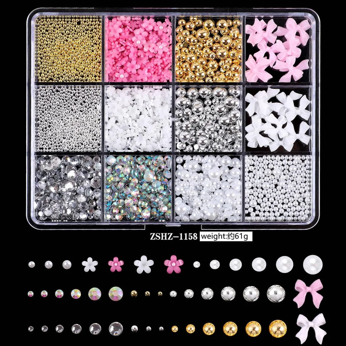 Nail Charms Ozdoby do paznokci, zestaw do paznokci z cyrkoniami, perełki do paznokci, kwiatkowa wstążka do paznokci, cyrkonie do paznokci