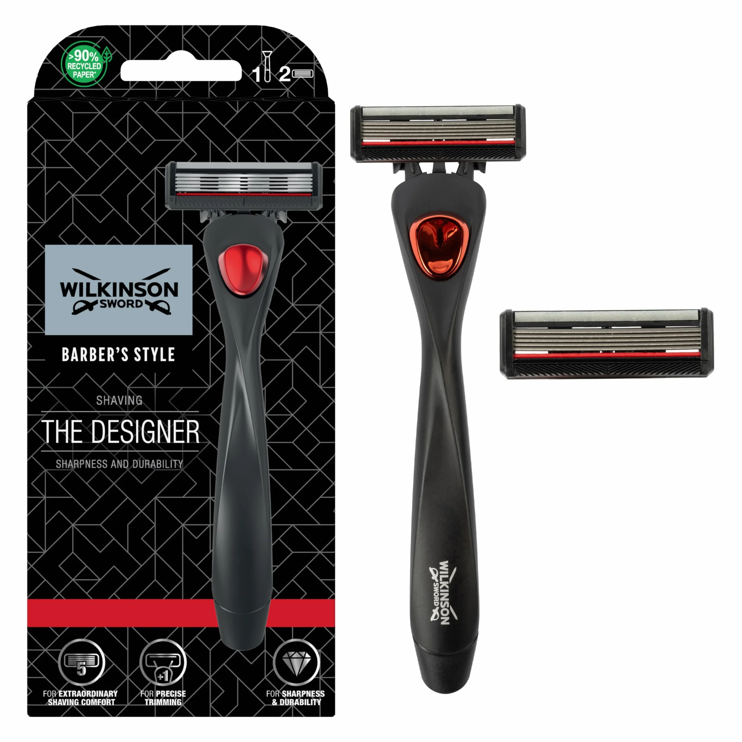 Wilkinson Sword Barber's Style - Rasoio The Designer - Rasoio 5 lame - Confezione con 1 manico e 2 lame di ricarica##*-