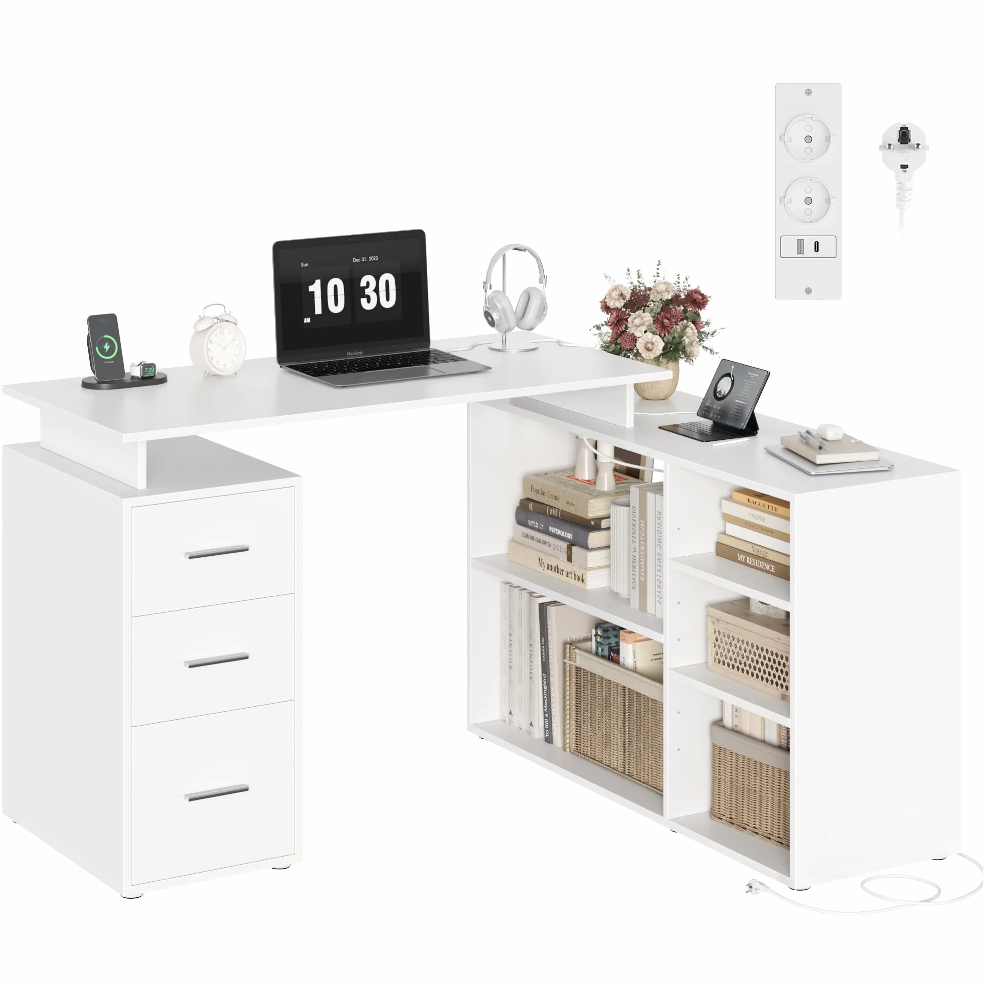 FirFurd Narożne biurko w kształcie litery L 129 x 104 x 76 cm białe z szufladami i półkami
