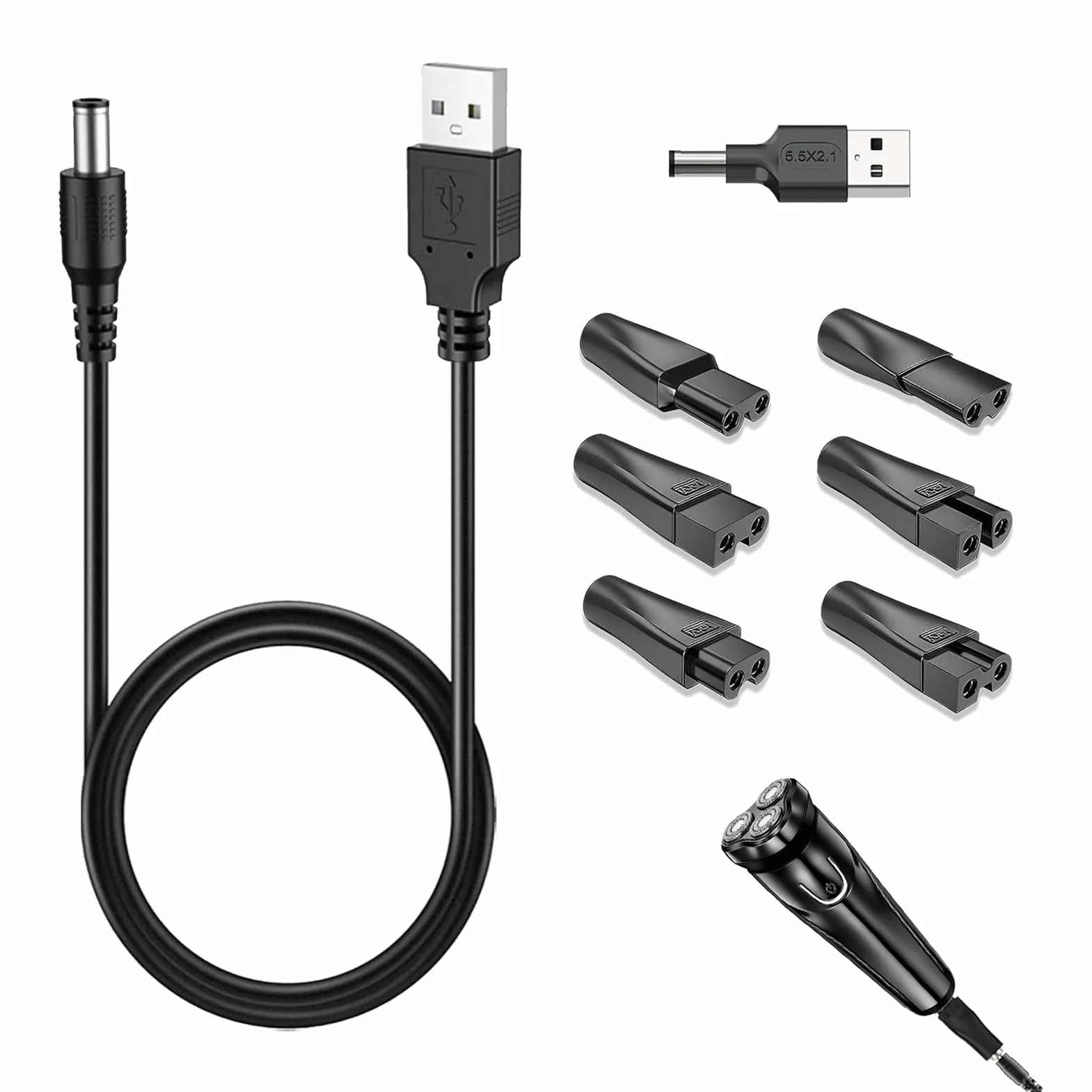 7 sztuk 5 V USB ładowarka do golarki, kabel zasilający USB do maszynki do strzyżenia włosów, zapasowy kabel zasilający do trymera brody, zestaw ładowarek z różnymi adapterami do urządzeń kosmetycznych