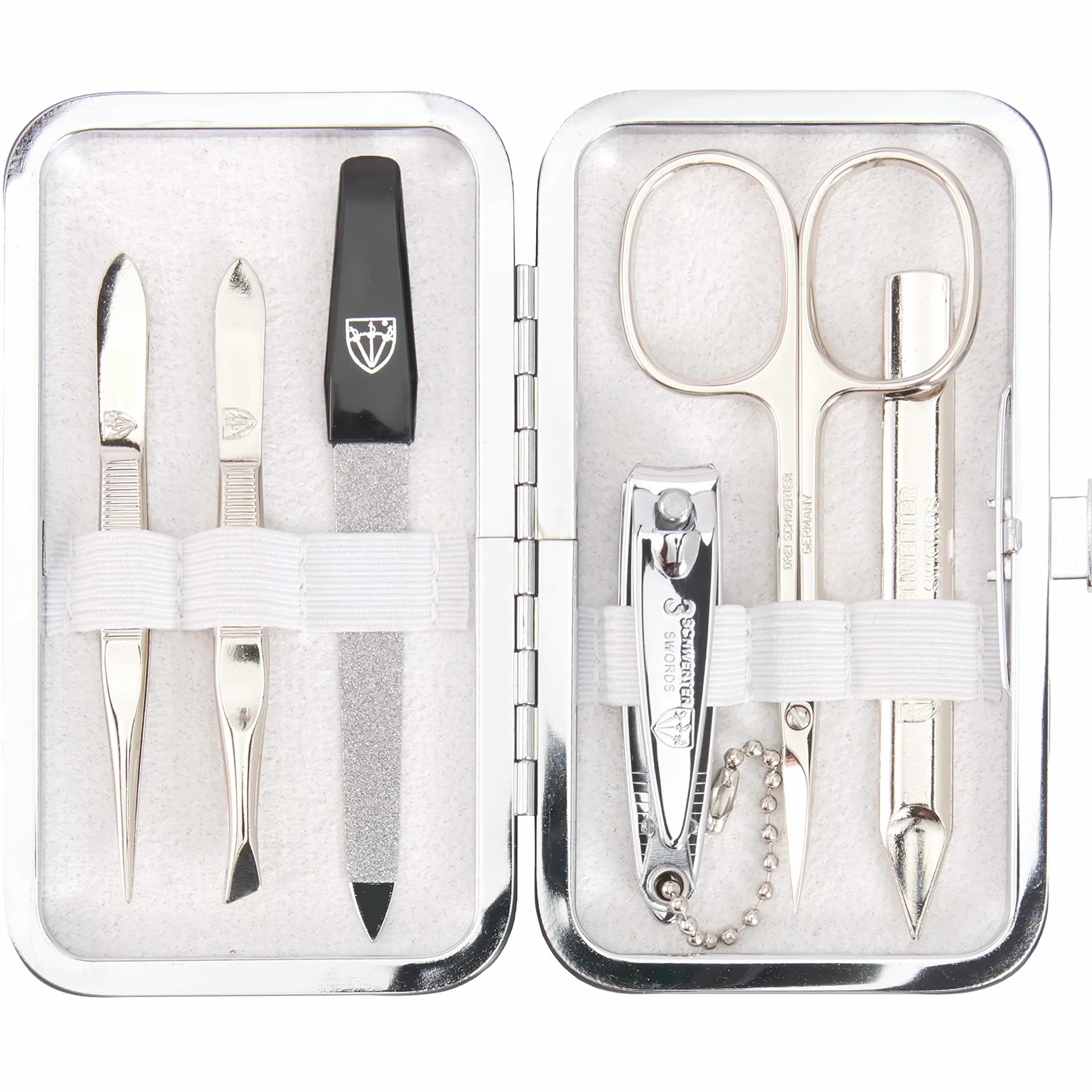 DREI SCHWERTER - 6-częściowy zestaw do manicure "Lucca" | zestaw do paznokci w etui z PRAWDZIWEJ SKÓRY | zawartość: nożyczki do skórki, 2 pęsety, podwójny instrument, obcinacz do paznokci, szafirowy