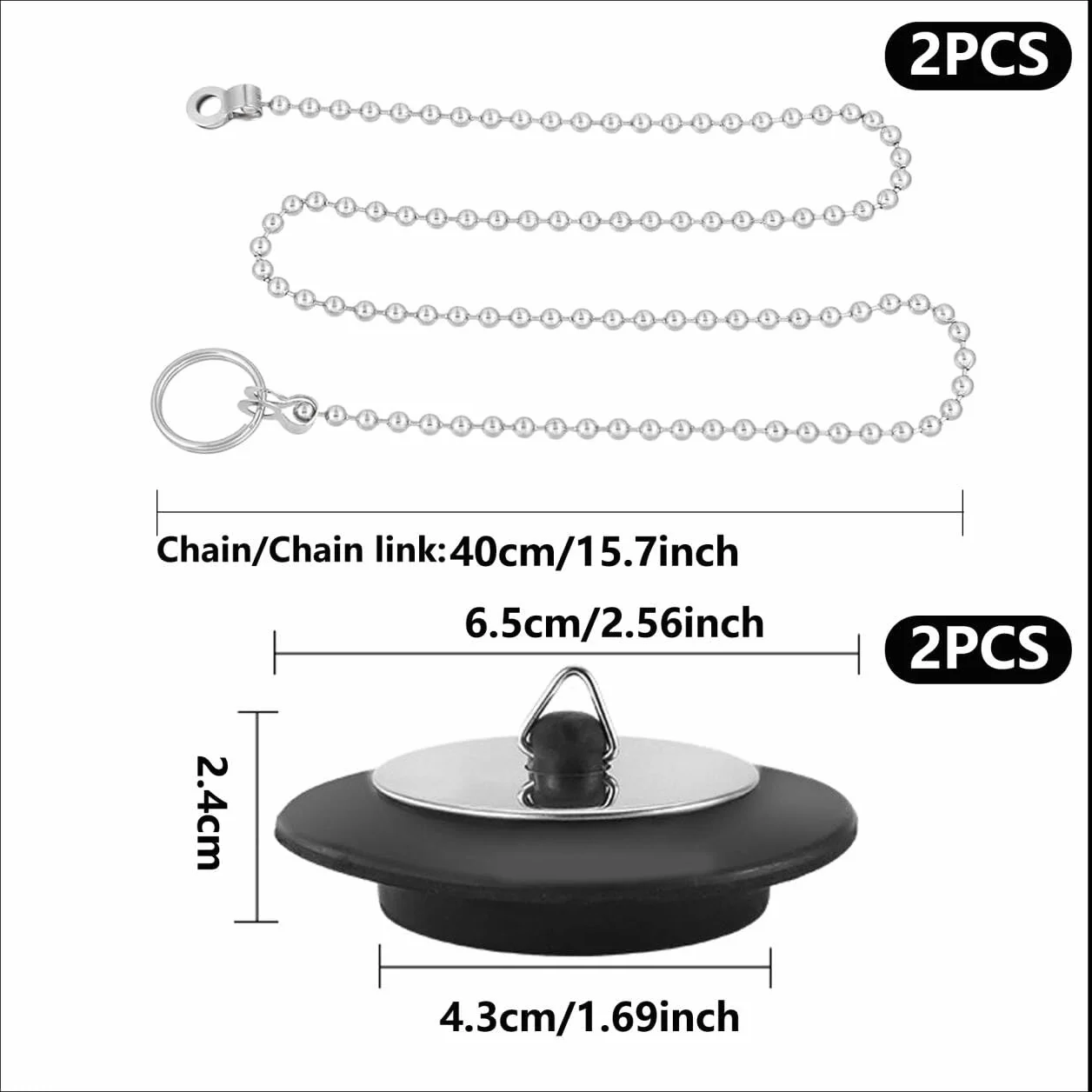 Gumowe korki do wanny z łańcuszkiem 40 cm, Ø 40-45 mm, czarne, 2 sztuki