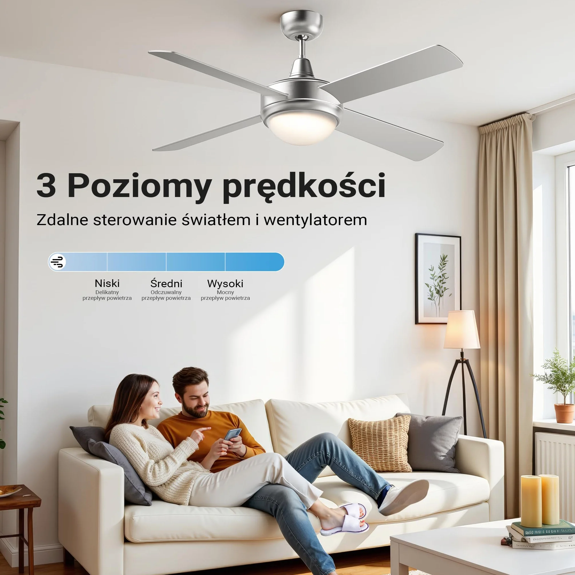 Wiltec Wentylator sufitowy Ø 130 cm z lampą 65 W pilot timer 4 łopatki 3 prędkości tryb letni zimowy