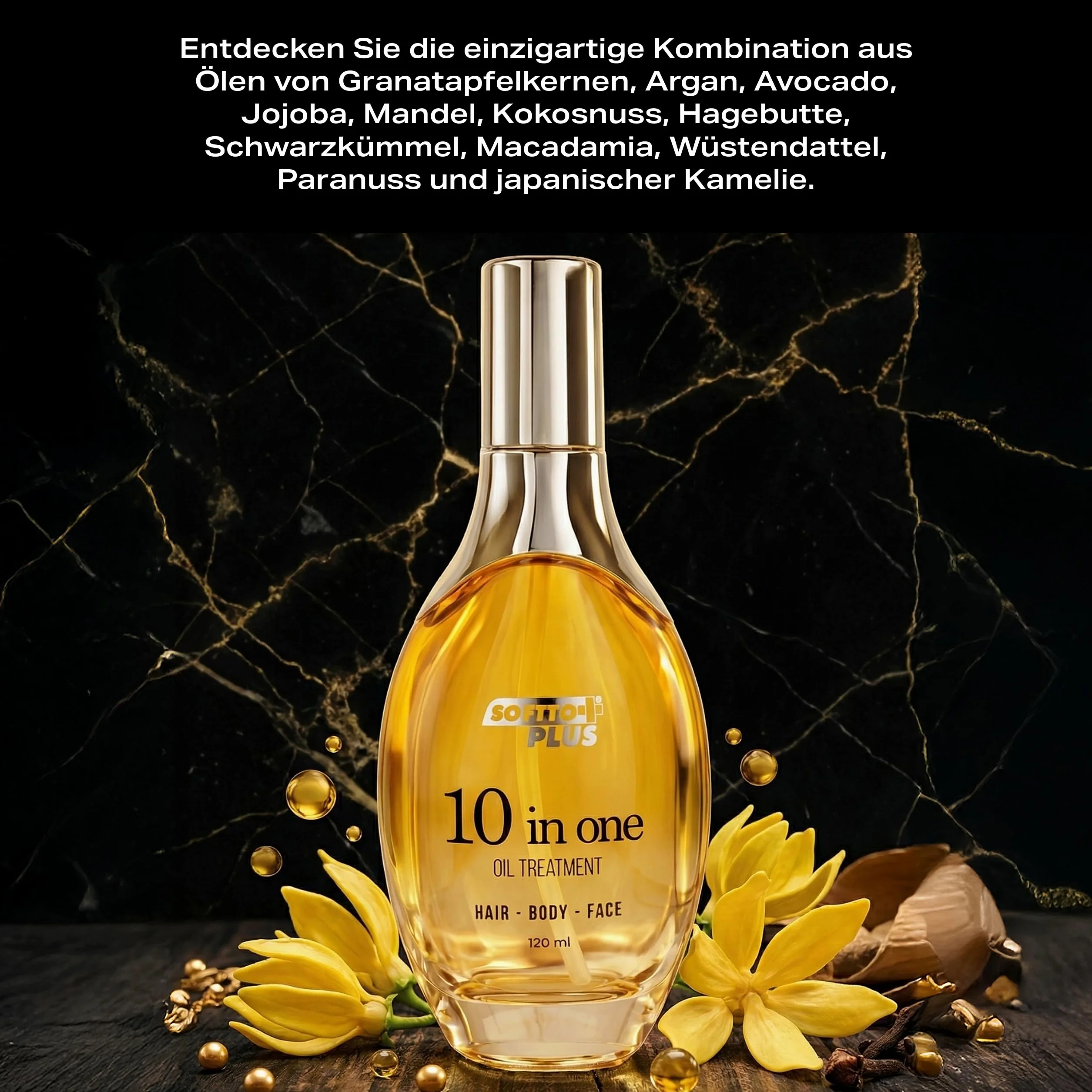 Softto+Plus 10 w 1 olejek pielęgnacyjny – olejek do włosów, olejek do twarzy i ciała z kwasem hialuronowym, przeciwstarzeniowym i błyszczącym, 10 cennych olejów roślinnych do nawilżania, naprawy i