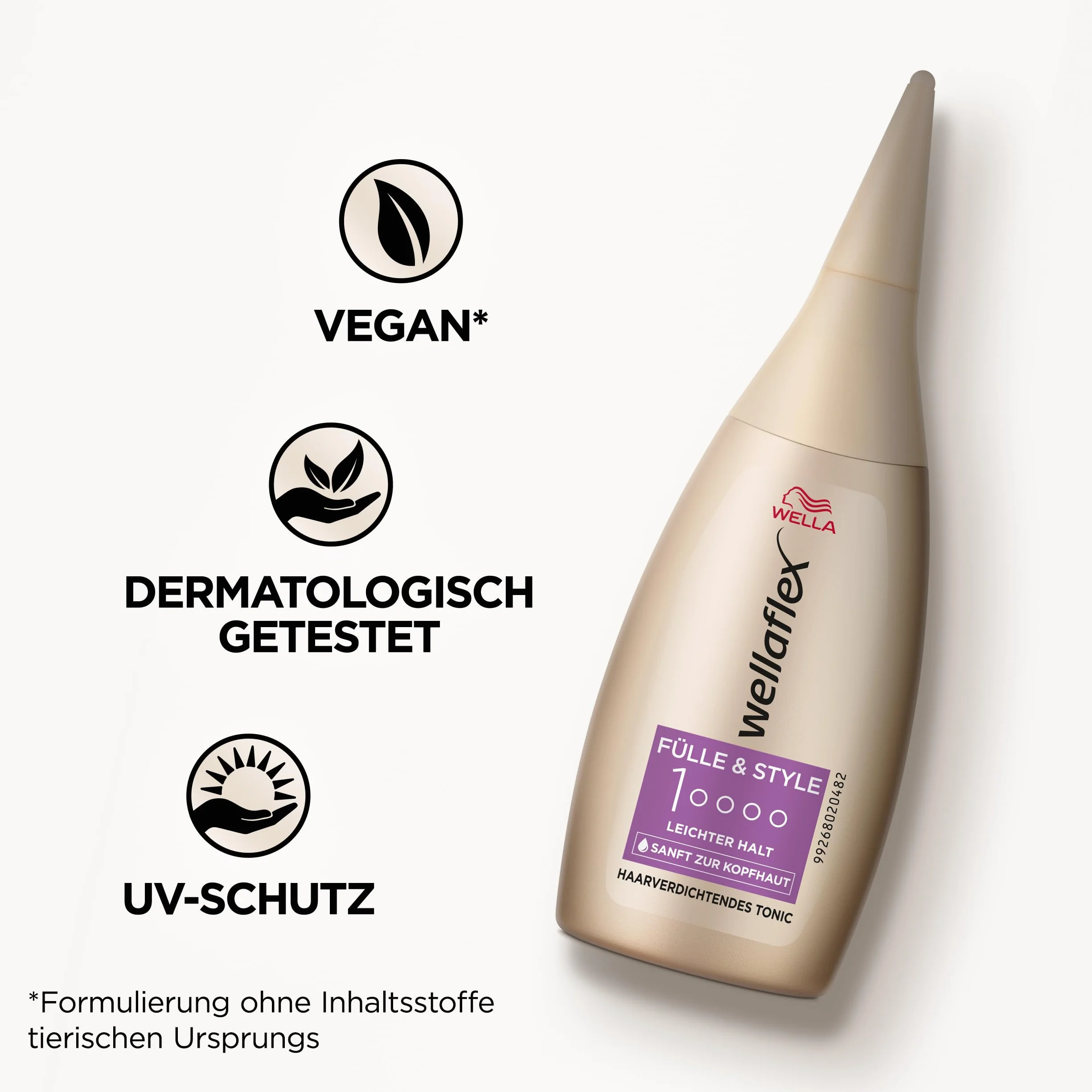 Wellaflex Tonik do zagęszczania włosów, natychmiastowa objętość i podnoszenie włosów, gęste w dotyku włosy, delikatny dla skóry głowy, testowany dermatologicznie, wegańska formuła, stopień utrzymania