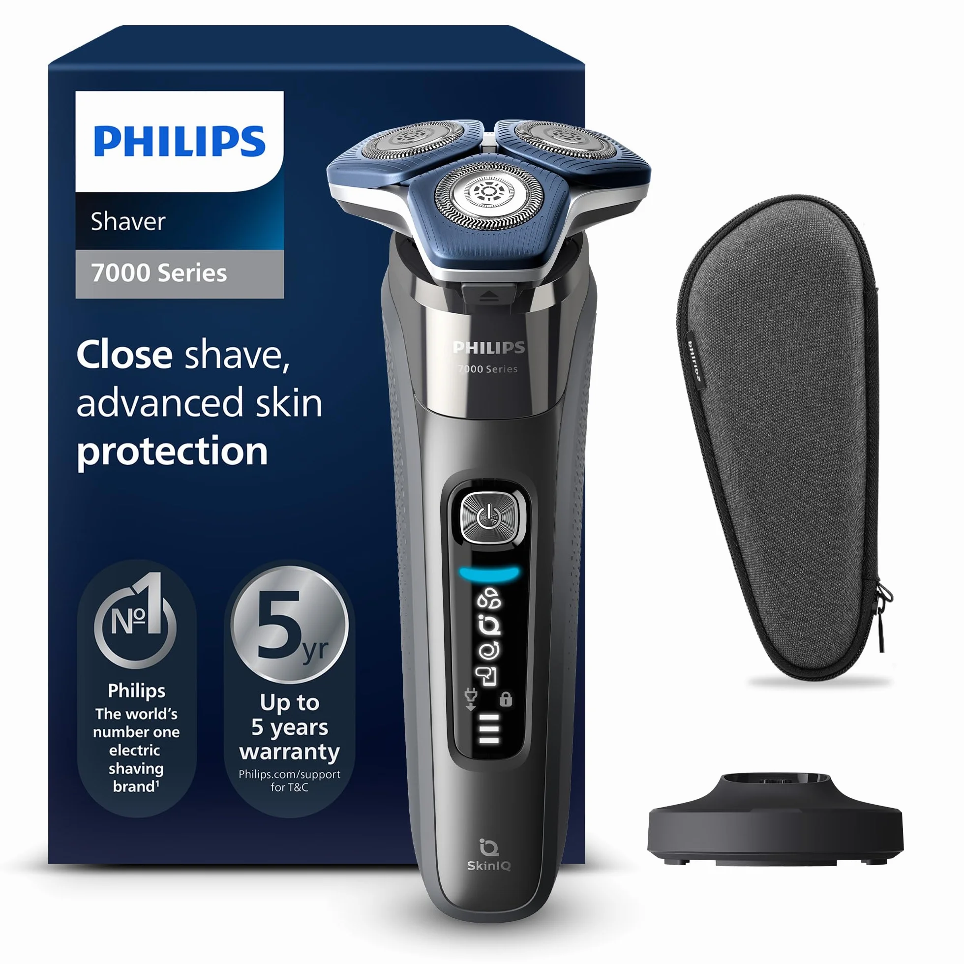 Golarka elektryczna Philips Series 7000 do golenia na mokro i na sucho z technologią SkinIQ, zintegrowanym trymerem, podkładką ładującą, etui podróżnym i szczotką do czyszczenia (Model S7887/35)