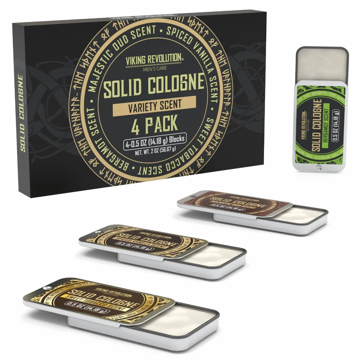 Viking Revolution 4-pak męskie kolońskie - 0,5 uncji solidne perfumy ze Spiced Vanilla, Sweet Tobacco, Majestic Oud, Bergamot, Travel Wax Balm Cologne