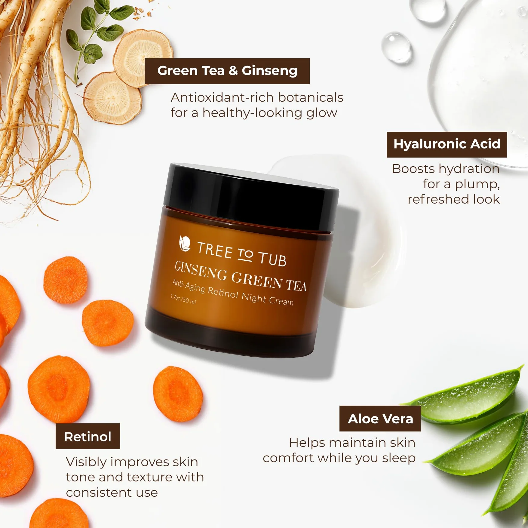 Tree To Tub Retinol krem nawilżający do twarzy przeciw starzeniu się skóry suchej i wrażliwej – przeciwzmarszczkowy kwas hialuronowy, krem na noc z witaminą A i E dla kobiet i mężczyzn z organicznym