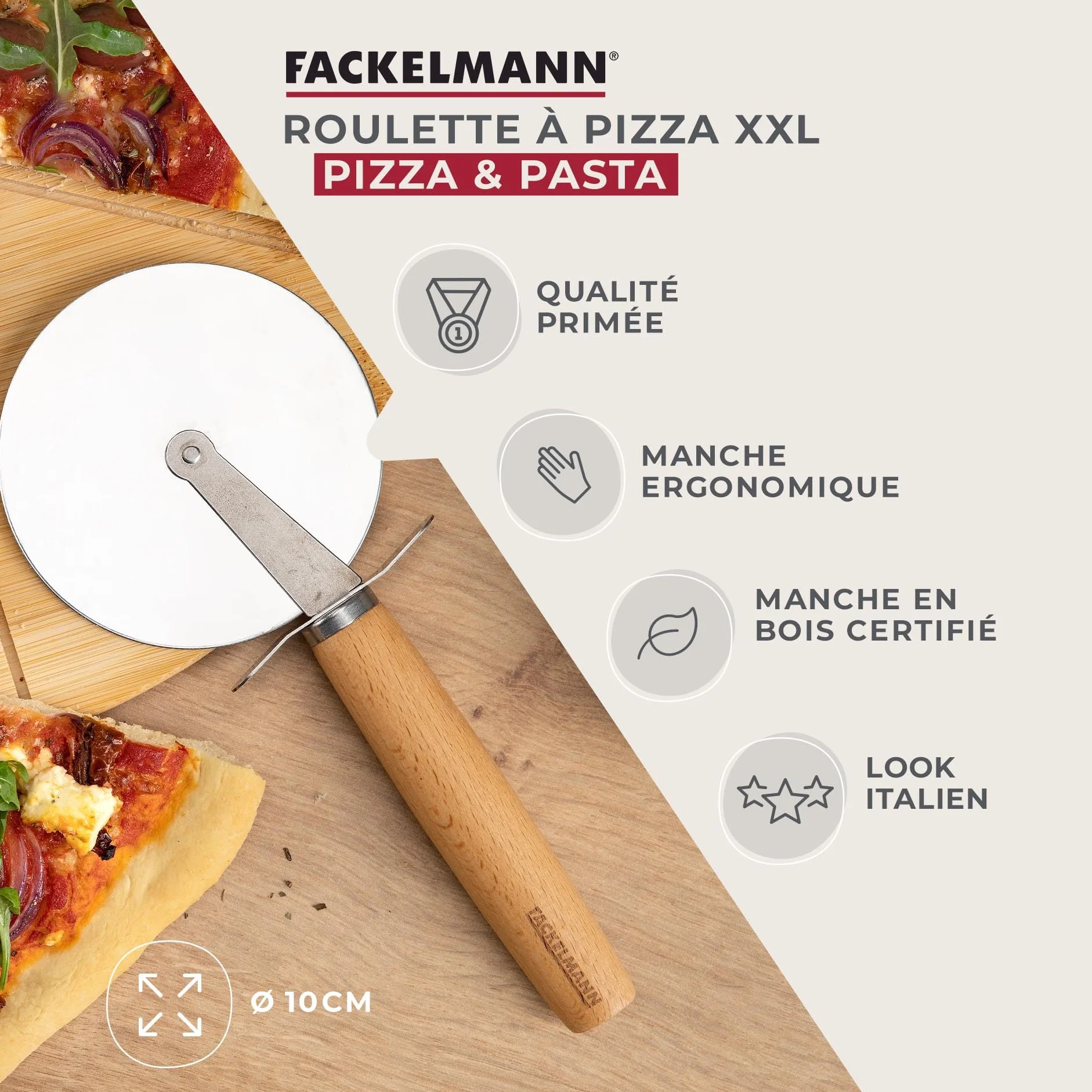 Fackelmann Nóż do pizzy XXL do pizzy i tart – koło do pizzy z ostrym ostrzem ze stali nierdzewnej – wałek do pizzy z ergonomicznym uchwytem z drewna bukowego – ok. 23 cm