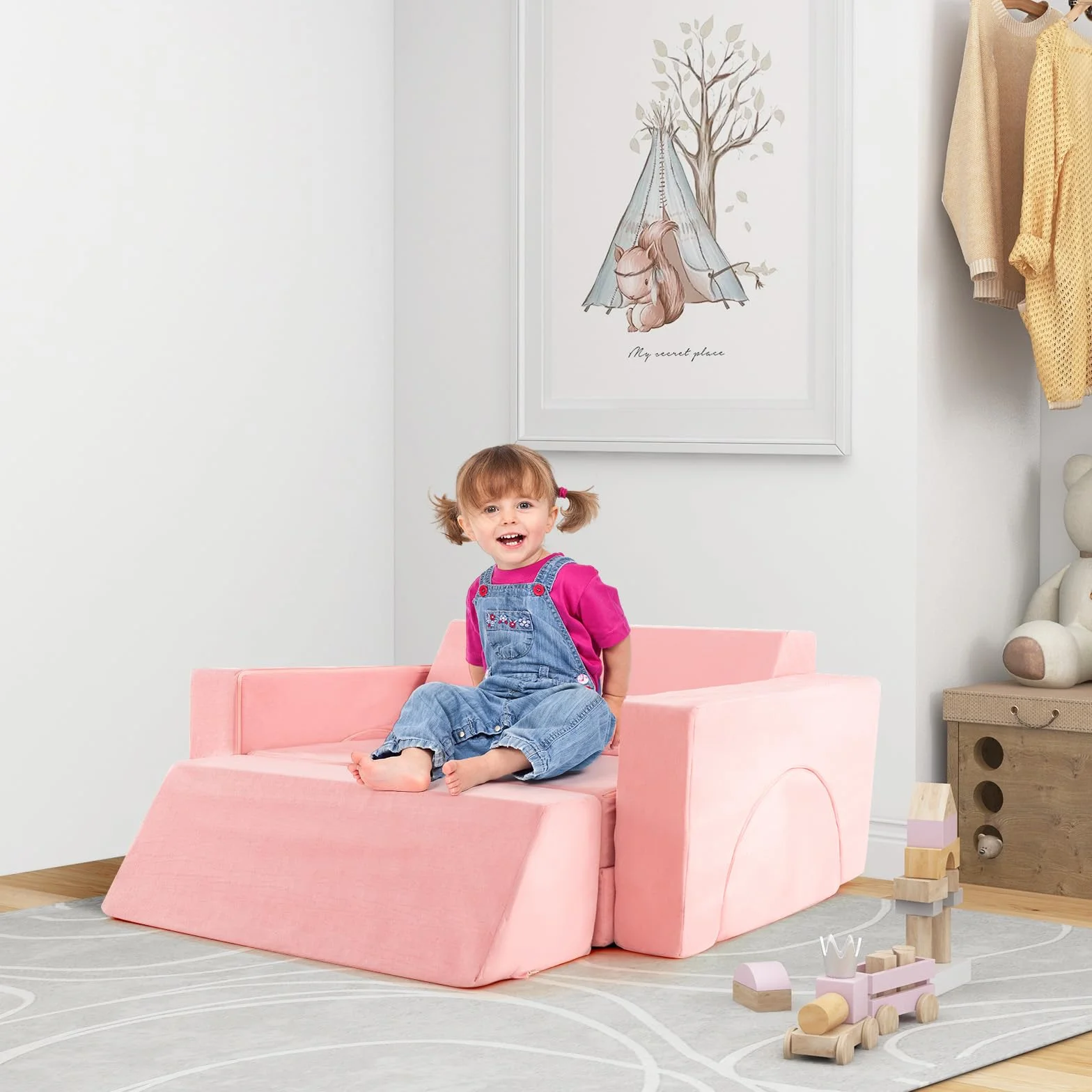 COSTWAY Modułowa Sofa Dziecięca ze Zdejmowanym Pokrowcem, Kanapa dla Małych Dzieci do Pokoju Zabaw i Dziecięcego, Projektowania i Spania (Różowa)