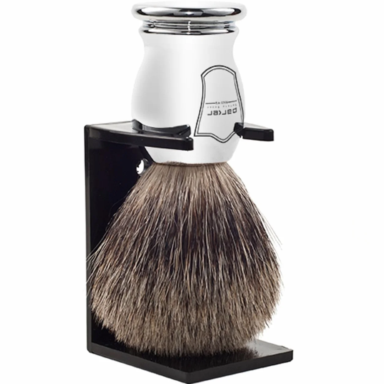 Parker Safety Razor 100% czysta szczotka do golenia z włosia borsuka (chromowany uchwyt) i bezpłatny stojak na pędzle do golenia