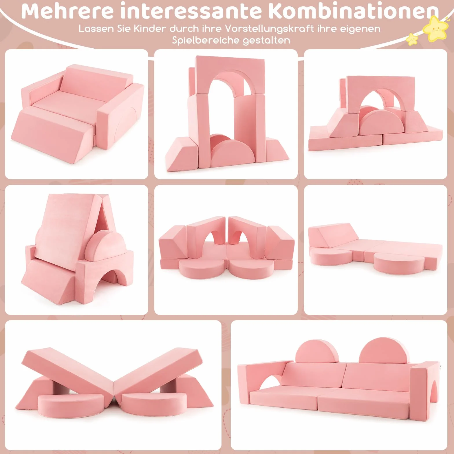 COSTWAY Modułowa Sofa Dziecięca ze Zdejmowanym Pokrowcem, Kanapa dla Małych Dzieci do Pokoju Zabaw i Dziecięcego, Projektowania i Spania (Różowa)