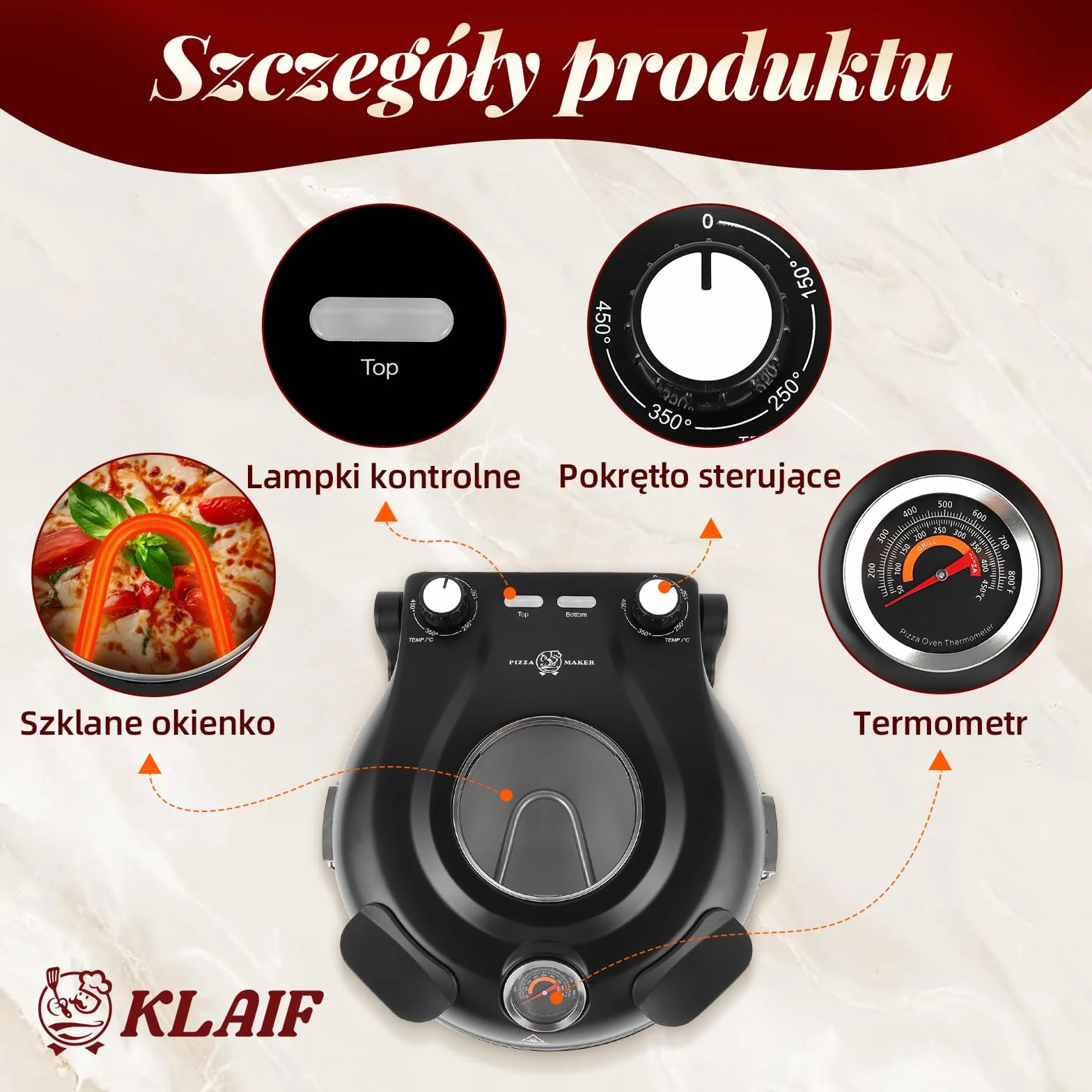 KLAIF Piec elektryczny do pizzy do blatu roboczego z kamieniem ceramicznym 31 cm, dwiema regulowanymi regulatorami temperatury, w zestawie 4 narzędzia do pizzy, LMC-czarny