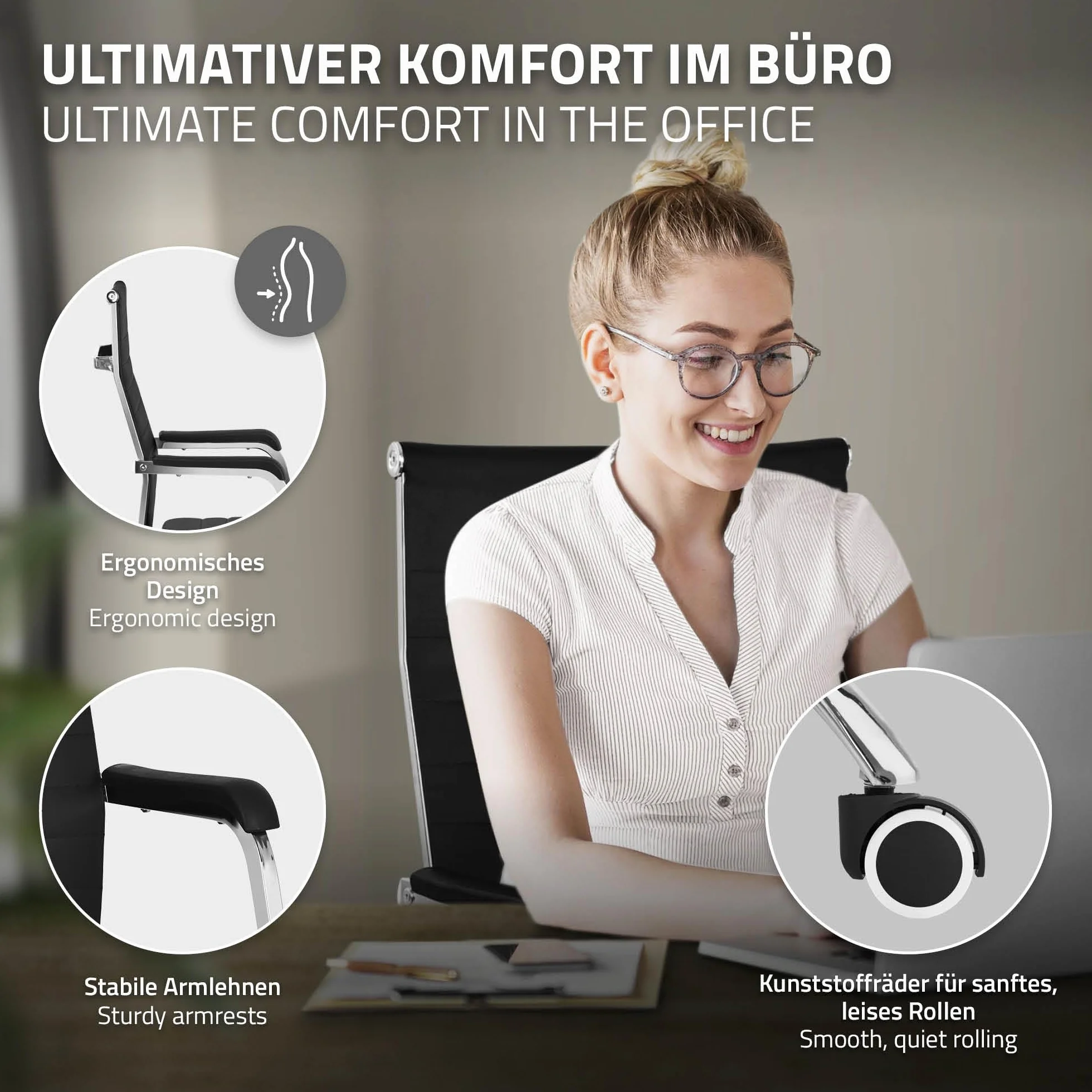 ML-Design Ergonomiczne Krzeslo Biurowe Czarne Regulowane Krzeslo Komputerowe z Podlokietnikami Ekoskóra Chromowana Stalowa Rama Fotel Obrotowy na Kólkach z Funkcja Bujania Krzeslo do Pracy Biura