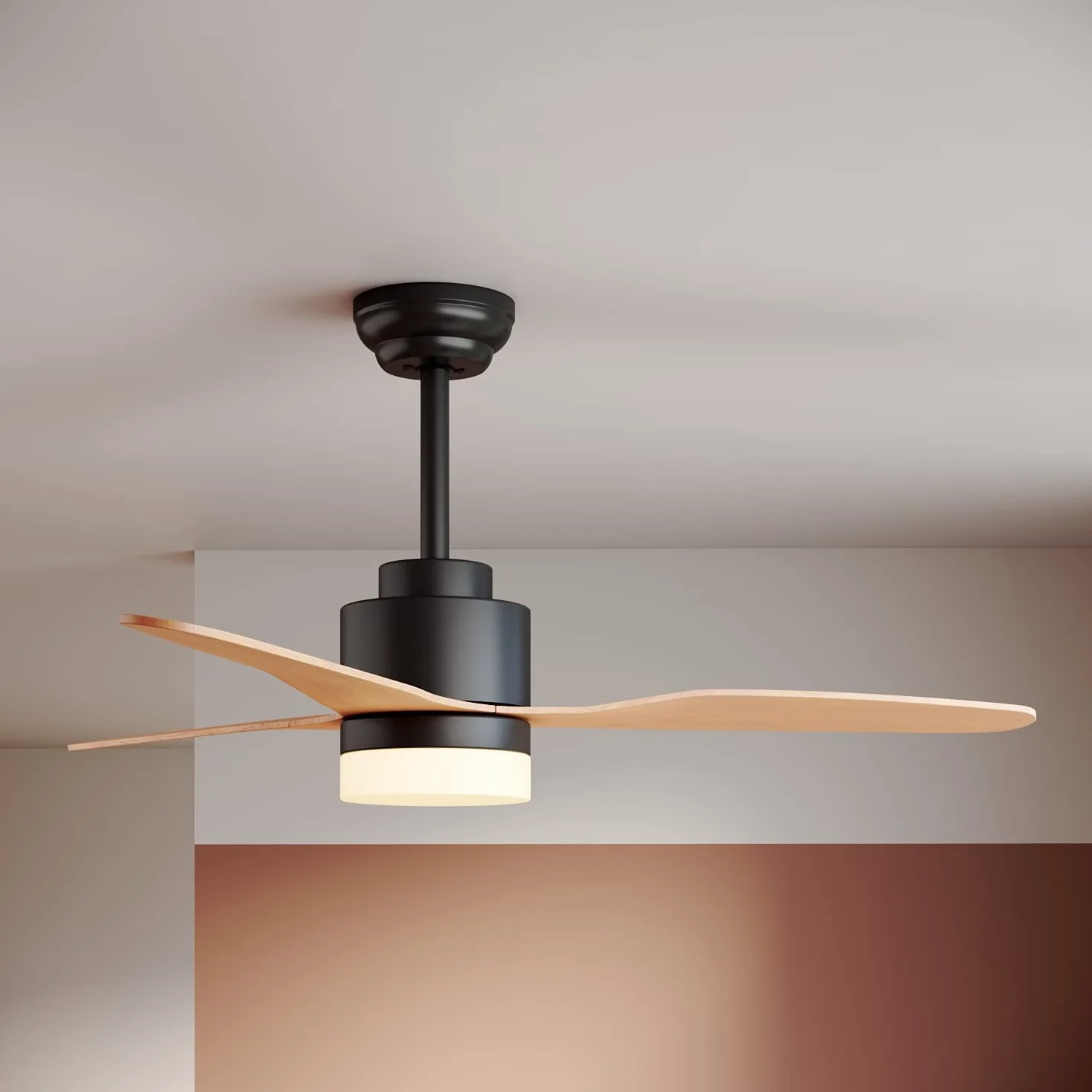 SONNI Wentylator sufitowy z oświetleniem i pilotem zdalnego sterowania, cichy, 3 temperatury barwowej 119 cm, czarny i drewniany, minimalistyczny design