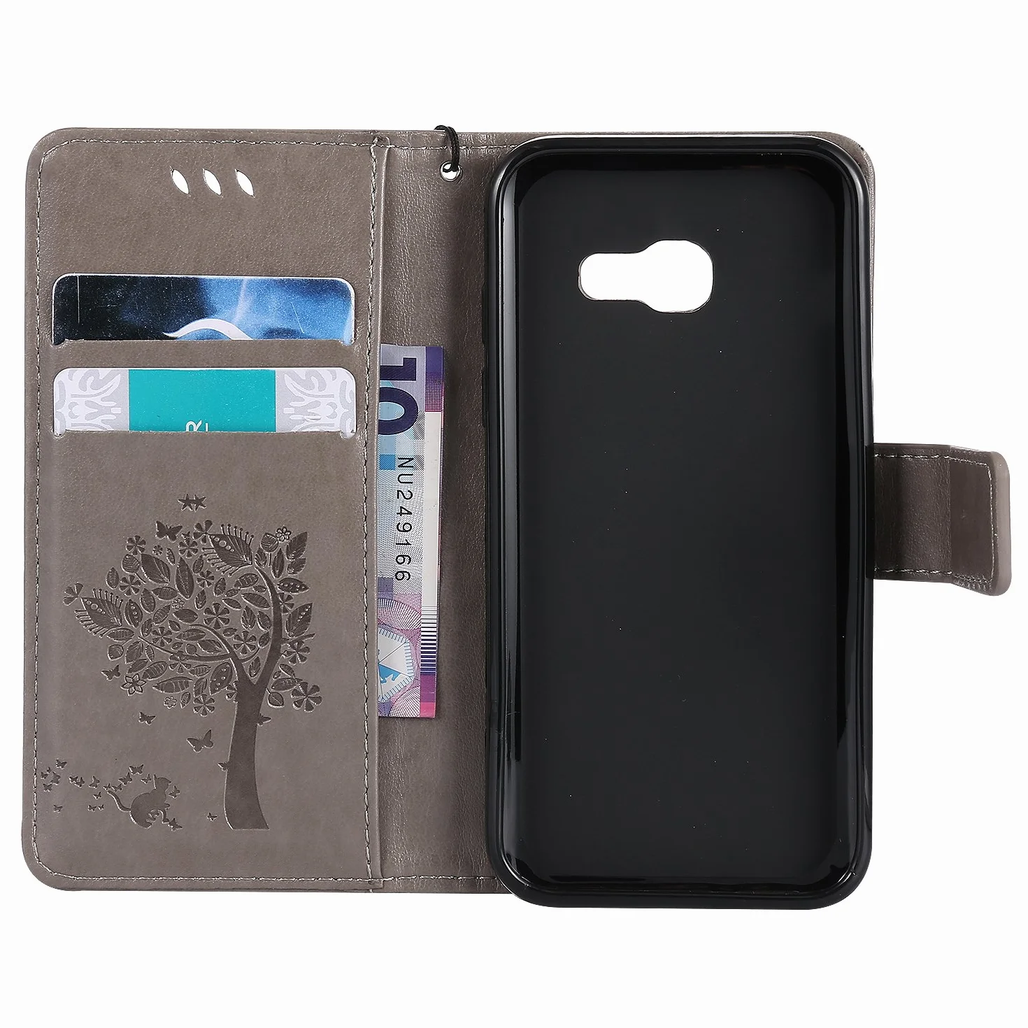 (Sleep Bear) Etui Na Telefon Komórkowy i Skórzane Etui Do SAMSUNG Galaxy A3(2017), Zwierzątko Kot Drzewo Motyl Przenośne Ze Skóry Portfel Pokrowiec Ochronny Kabura Na Telefon-Szary