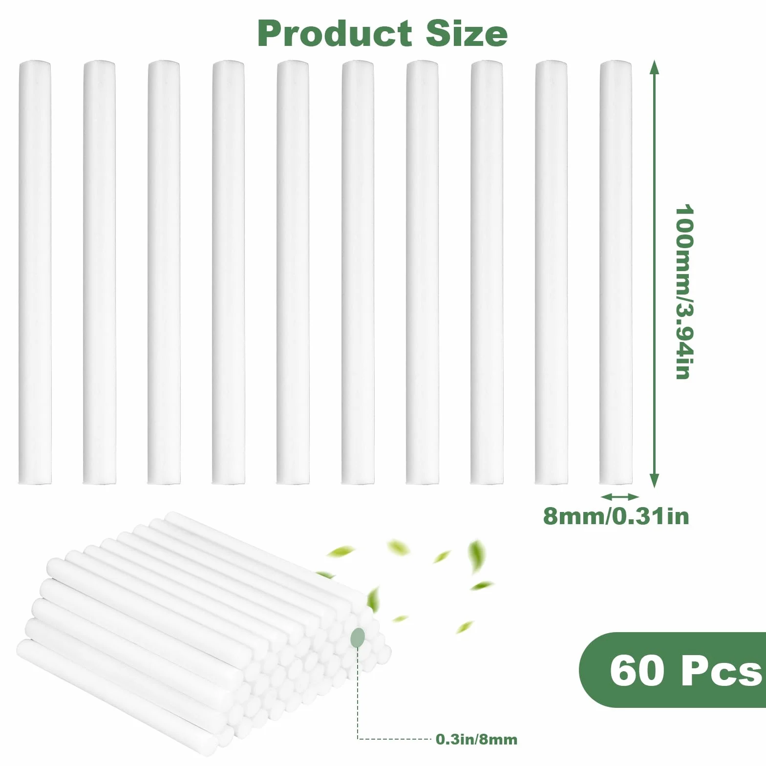 Filtry nawilżające bawełniane 8 x 100 mm, pałeczki do uzupełniania 8 cm, zestaw 60 sztuk