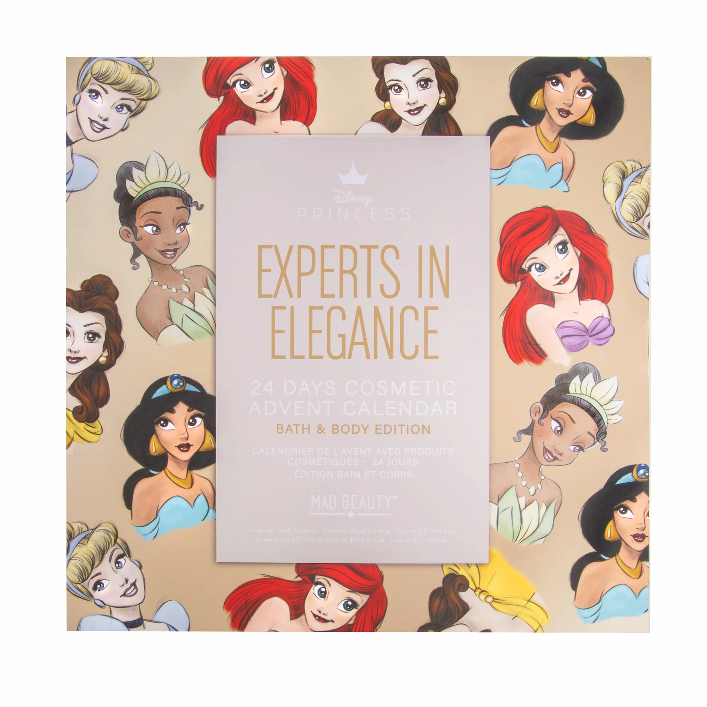 MAD Beauty Kalendarz adwentowy Disney Princess z 24 produktami do makijażu i kosmetyków, wellness, kalendarz adwentowy księżniczki dla kobiet, z maską na twarz, balsamem do ciała, gumką do włosów –