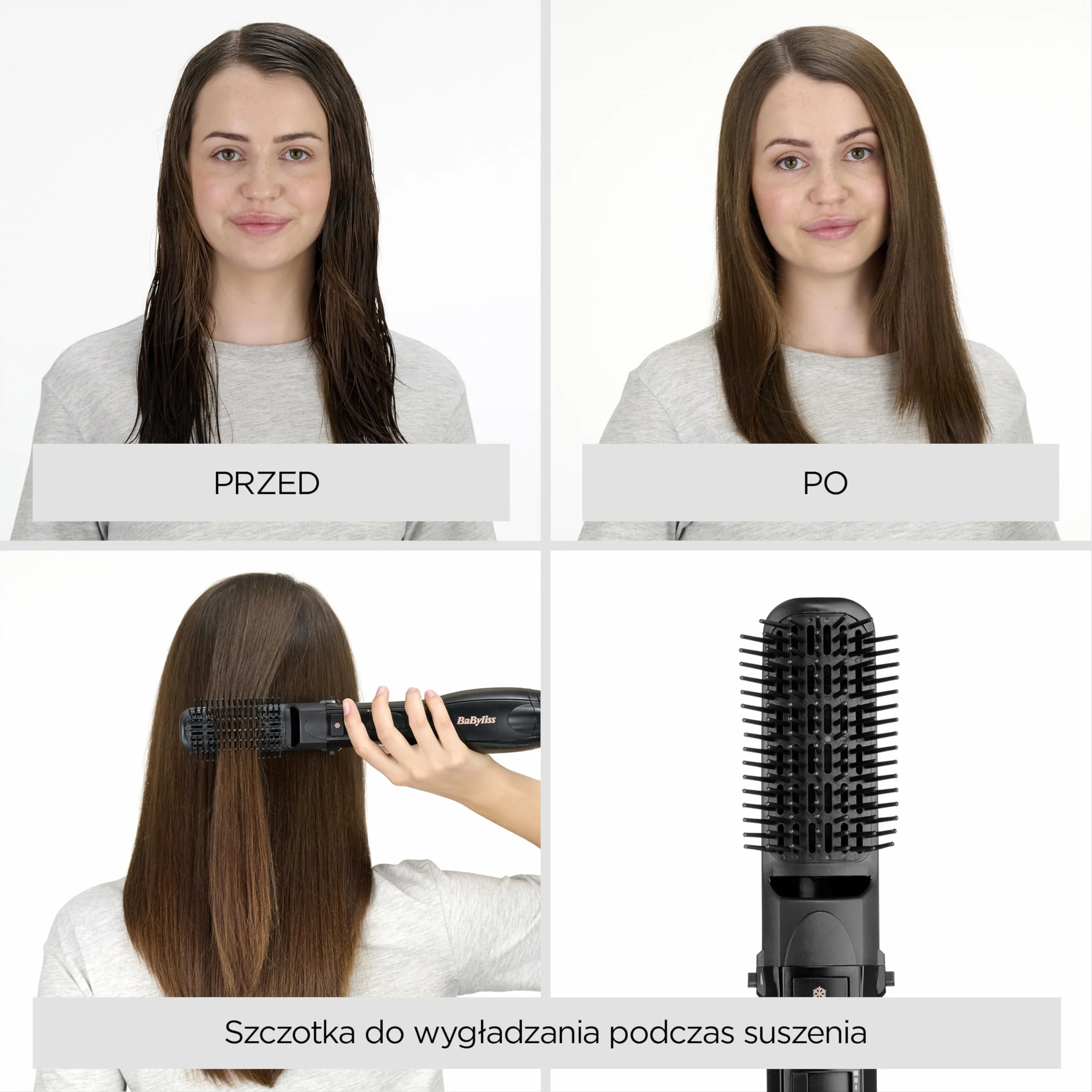 BaByliss Smooth Finish 1200 – Szczotka na Gorące Powietrze 4‑w‑1 do Suszenia, Wygładzania, Modelowania i Nadawania Objętości, Technologia Jonowa & Ceramiczna, 4 Końcówki, 1200W, Czarny/Różowy, AS122E