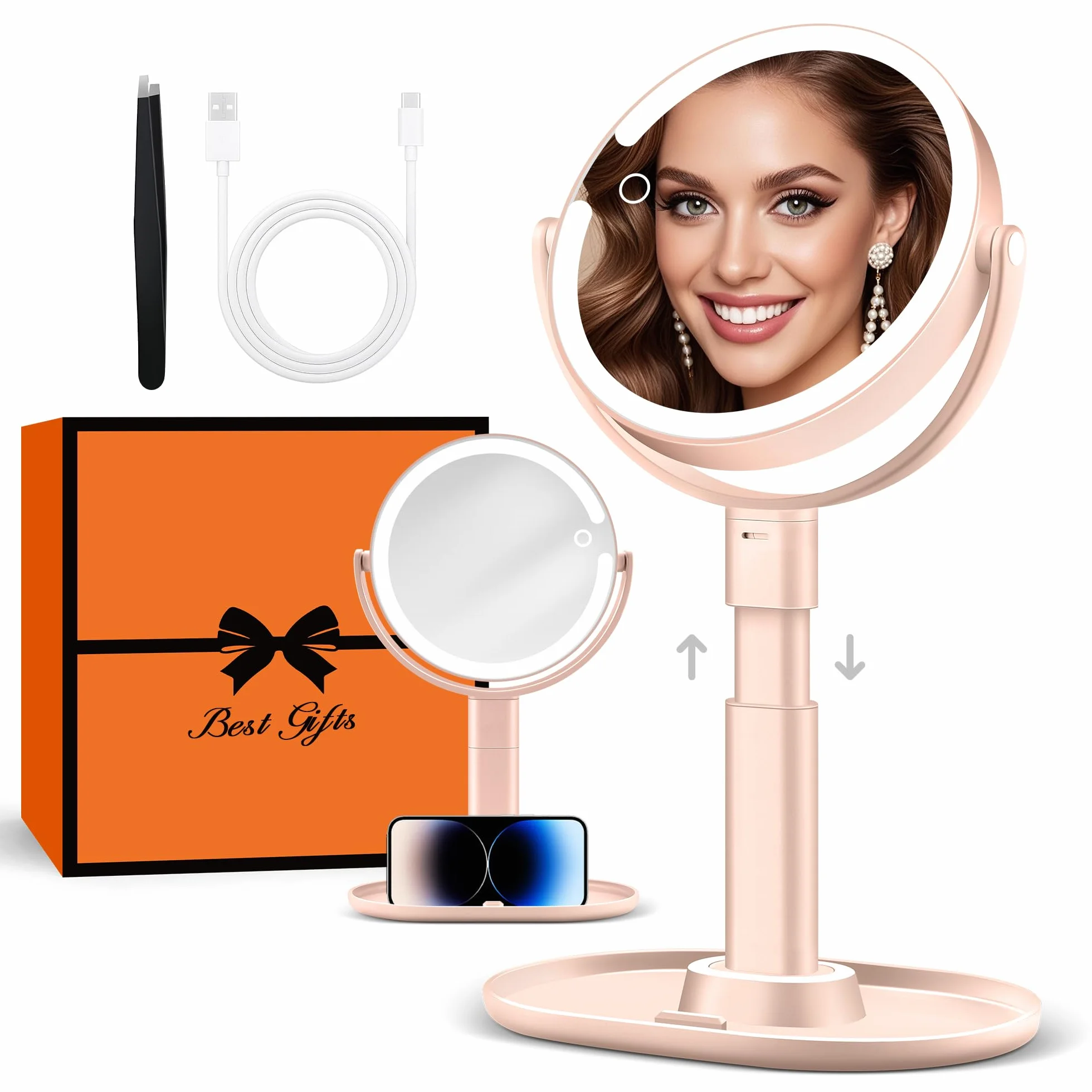 B Beauty Planet Podświetlane lustro do makijażu, 20 x powiększające, 3 kolorowe światło, ściemniane diody LED i regulacja wysokości, 2-stronne lusterko kosmetyczne do łazienki, prezent dla kobiet