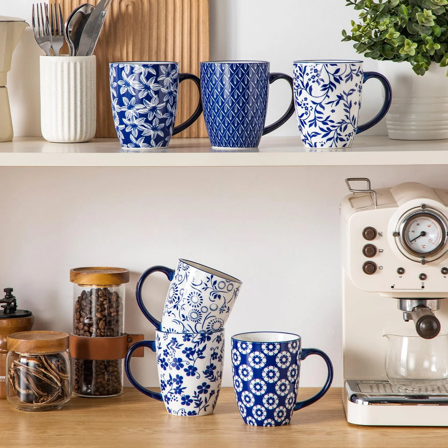 Vancasso Zestaw 6 kubków Selene 480 ml ceramiczne filiżanki do kawy vintage niebiesko-biały