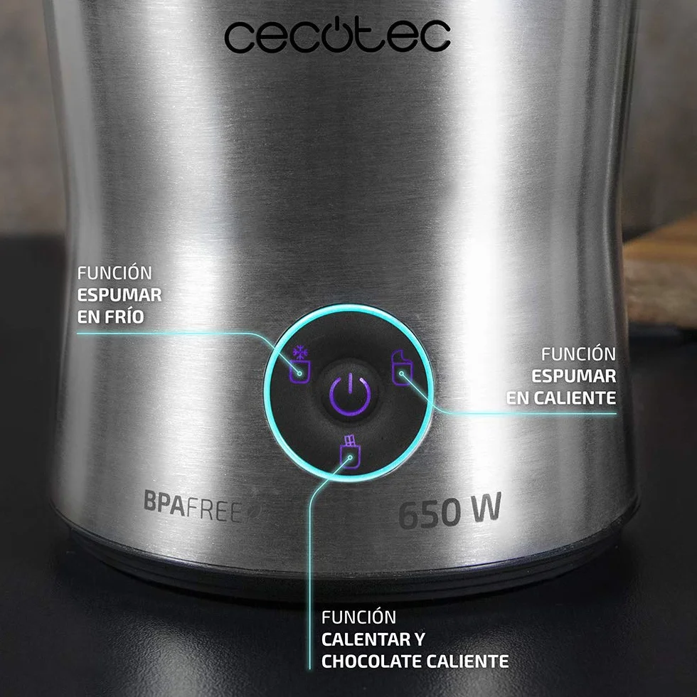 Cecotec Moca Spume 5000 spieniacz do mleka, 650 W, pojemność 400 ml, 4 tryby pracy, przygotowanie gorącej czekolady, dzbanek ze stali nierdzewnej, podstawa antypoślizgowa 360°