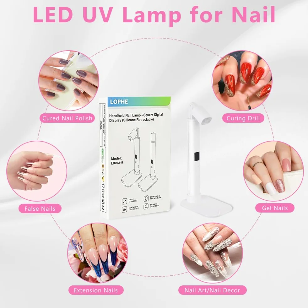 LOPHE Półtrwała lampa do paznokci, lampa UV LED do paznokci, akumulator suszarka do paznokci z 2 timerem 45/60S, do manicure, żel przedłużający żywica DIY zdobienia paznokci, uchwyt teleskopowy